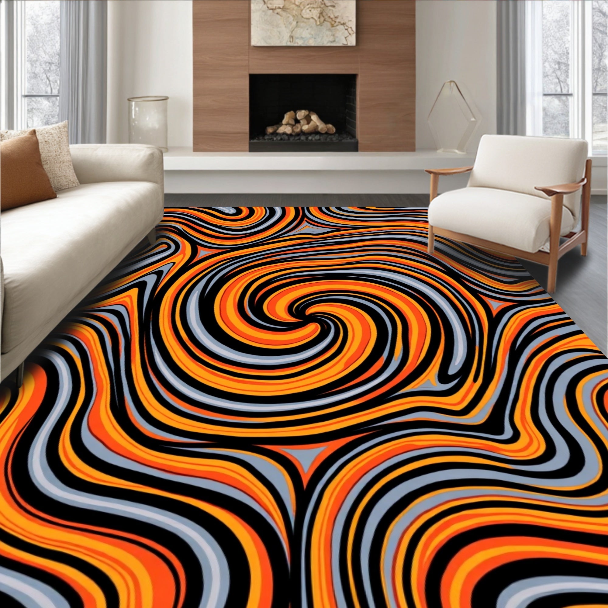 Orange Gray Swirl Abstract Design Rug