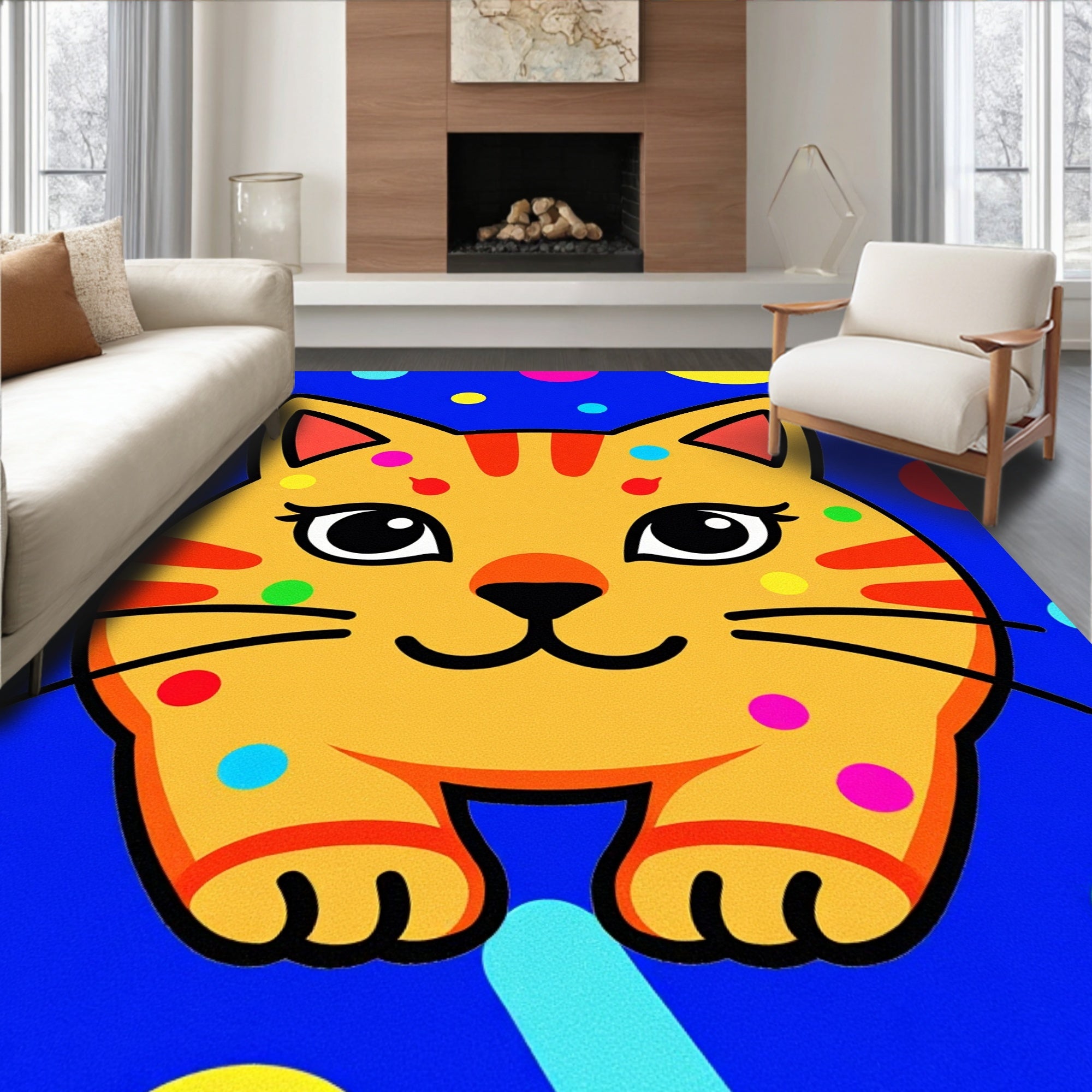Playful Orange Cat Polka Dot Rug