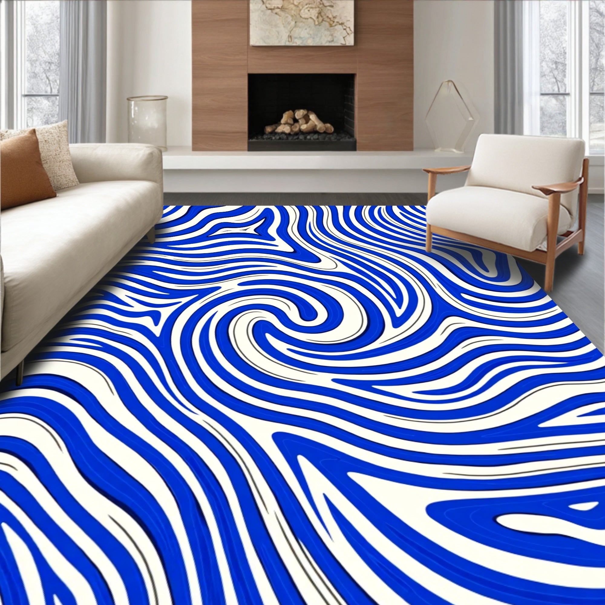 Vivid Blue White Swirl Design Rug