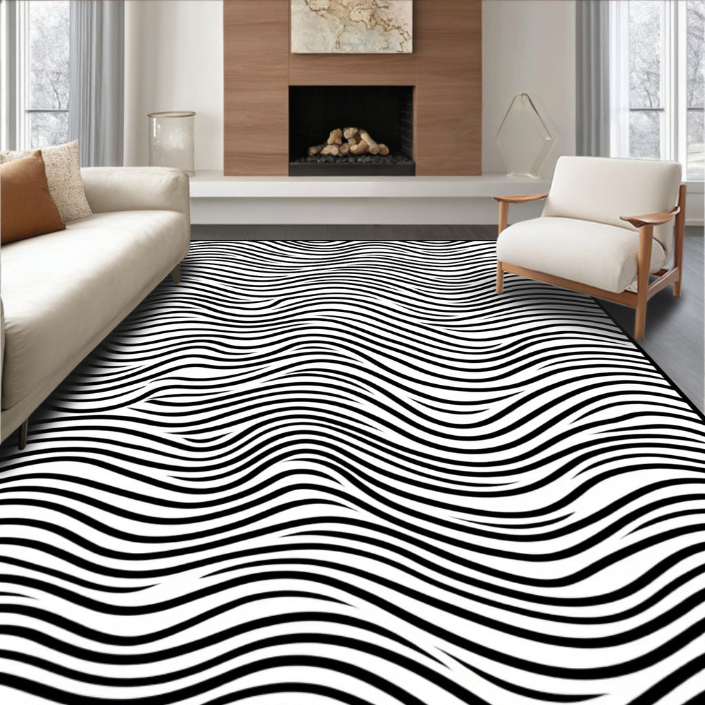 Abstract Black White Wavy Pattern Rug