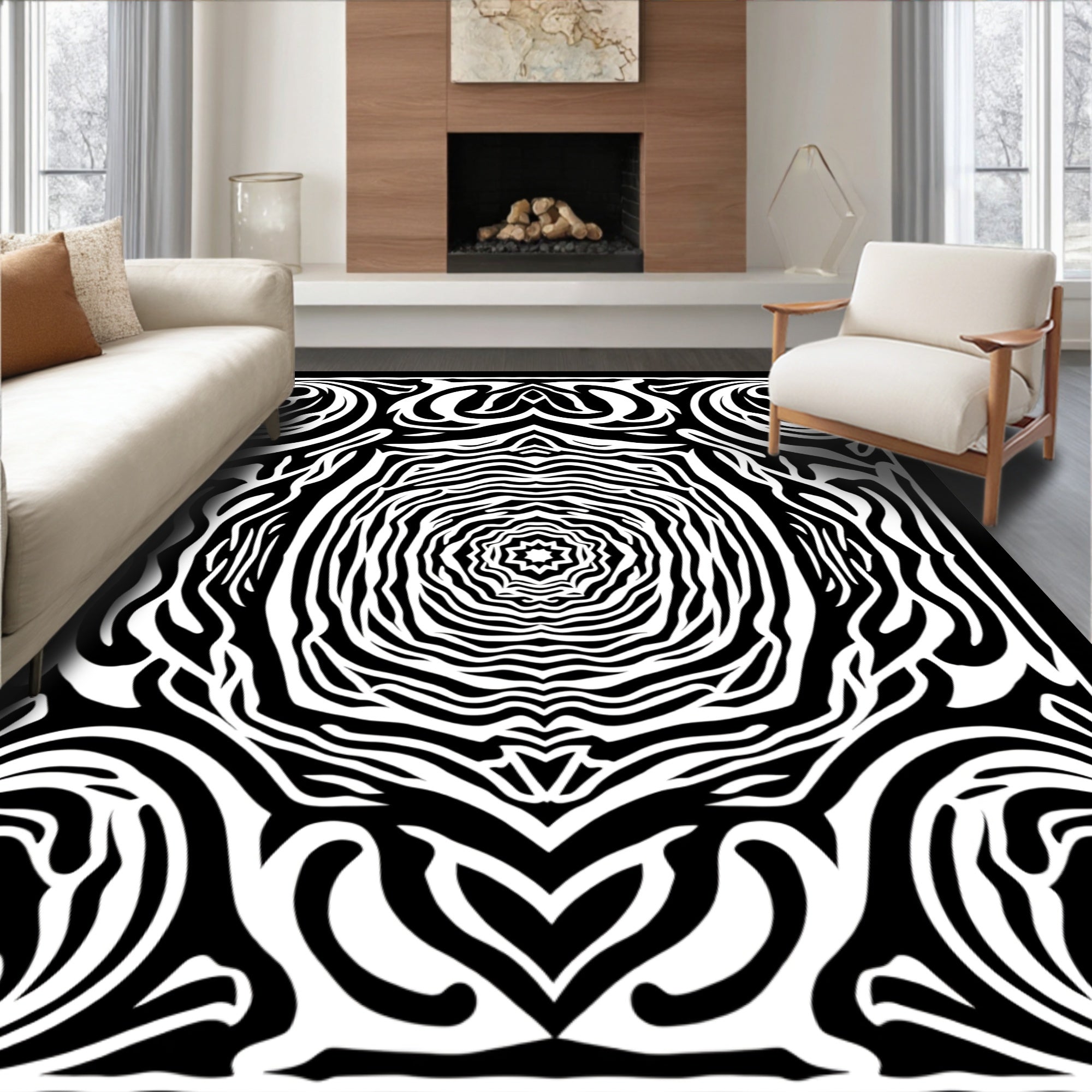 Black White Abstract Radial Pattern Rug