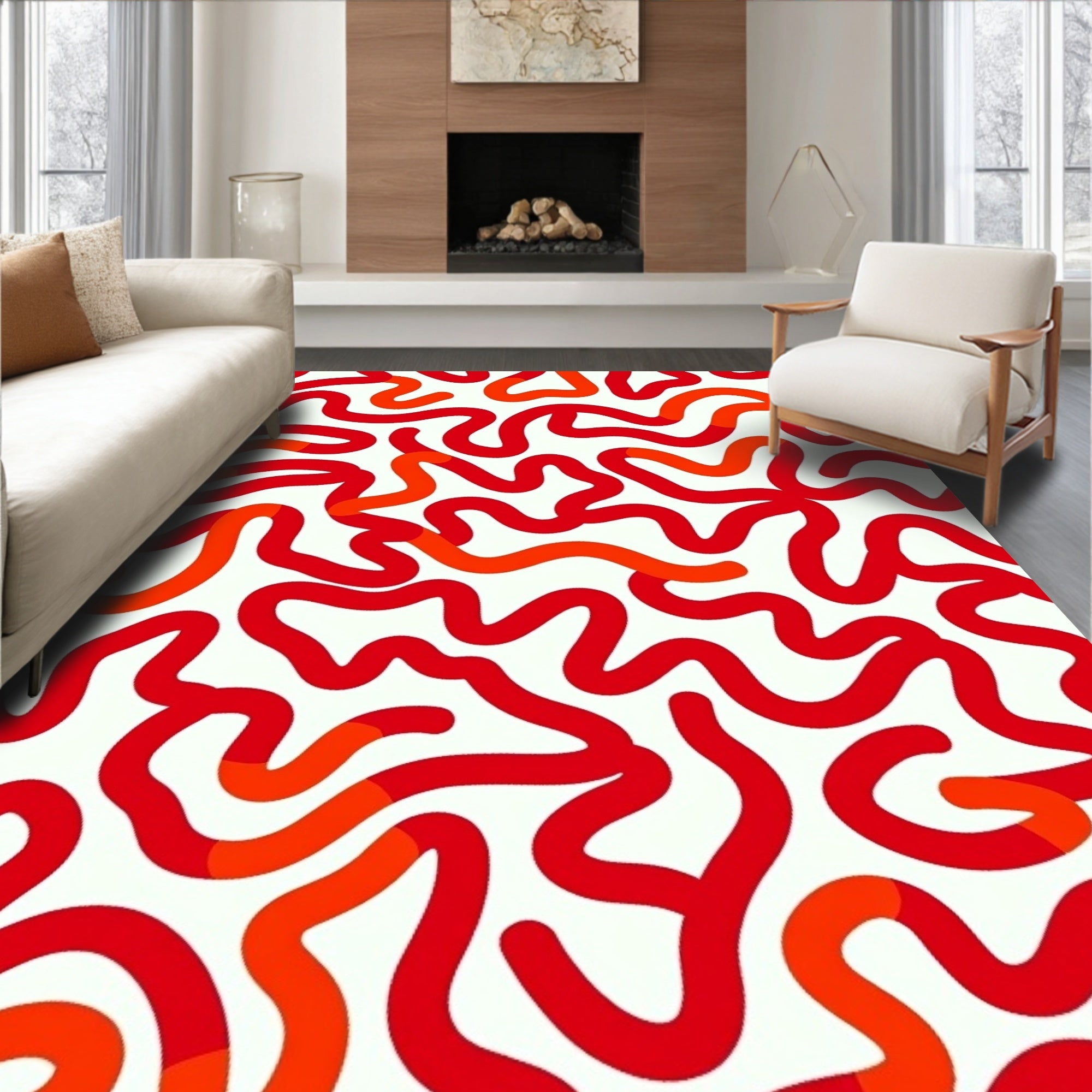 Abstract Red Wavy Lines Pattern Rug