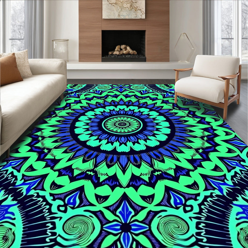 Symmetrical Blue Green Mandala Pattern Rug