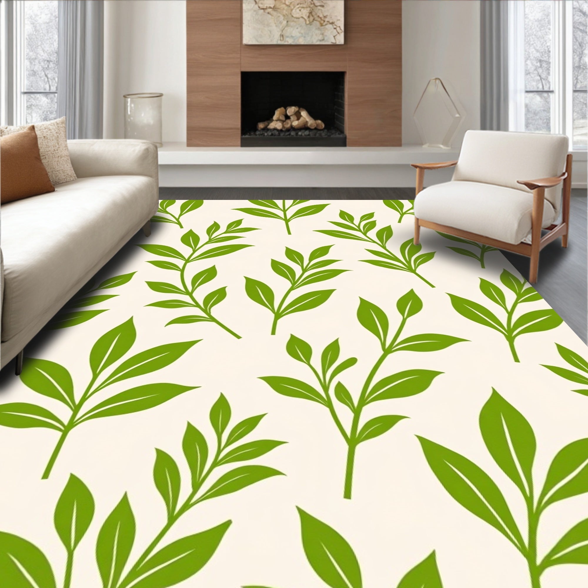 Green Leaf Pattern Repeating Design Rug