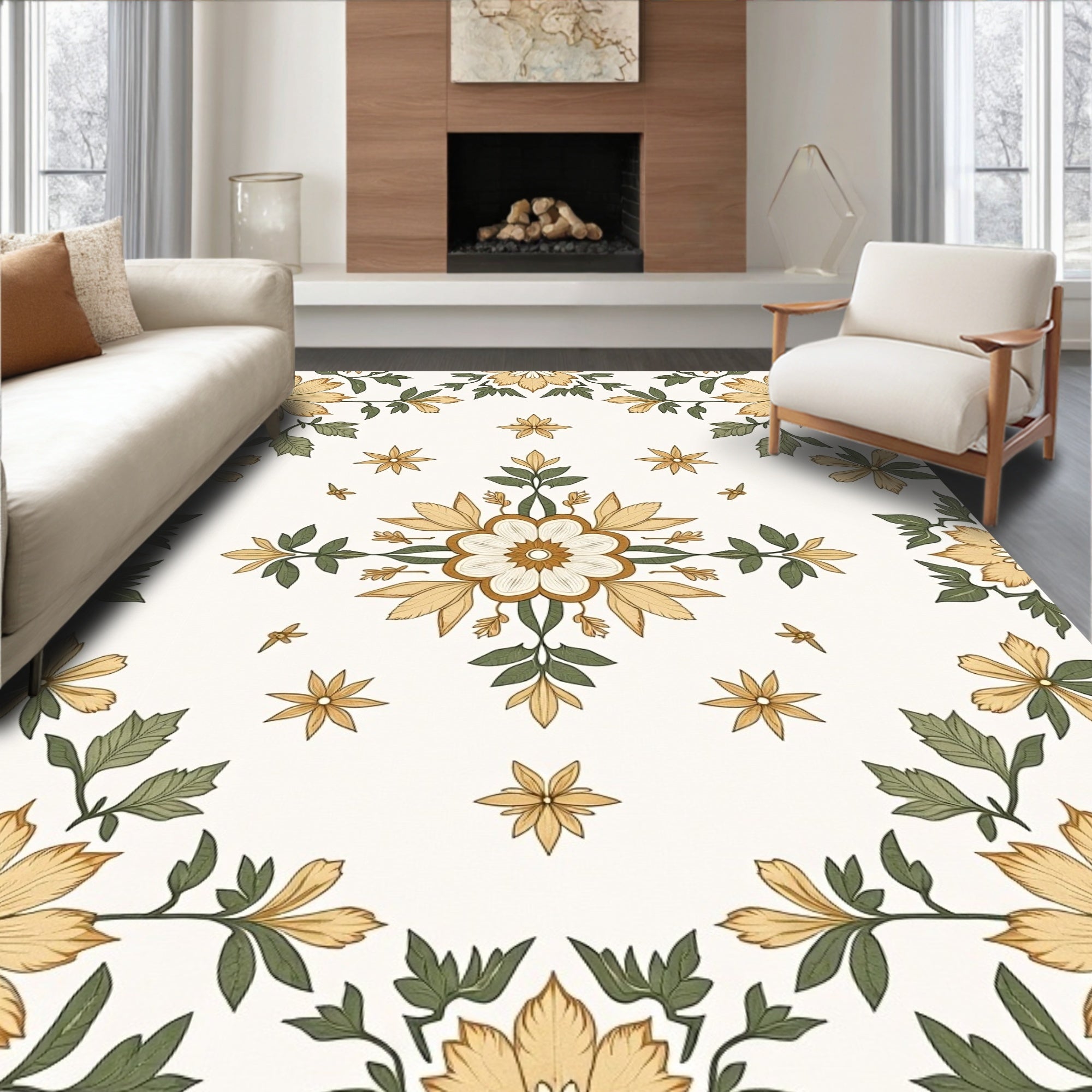 Golden Floral Botanical Medallion Design Rug