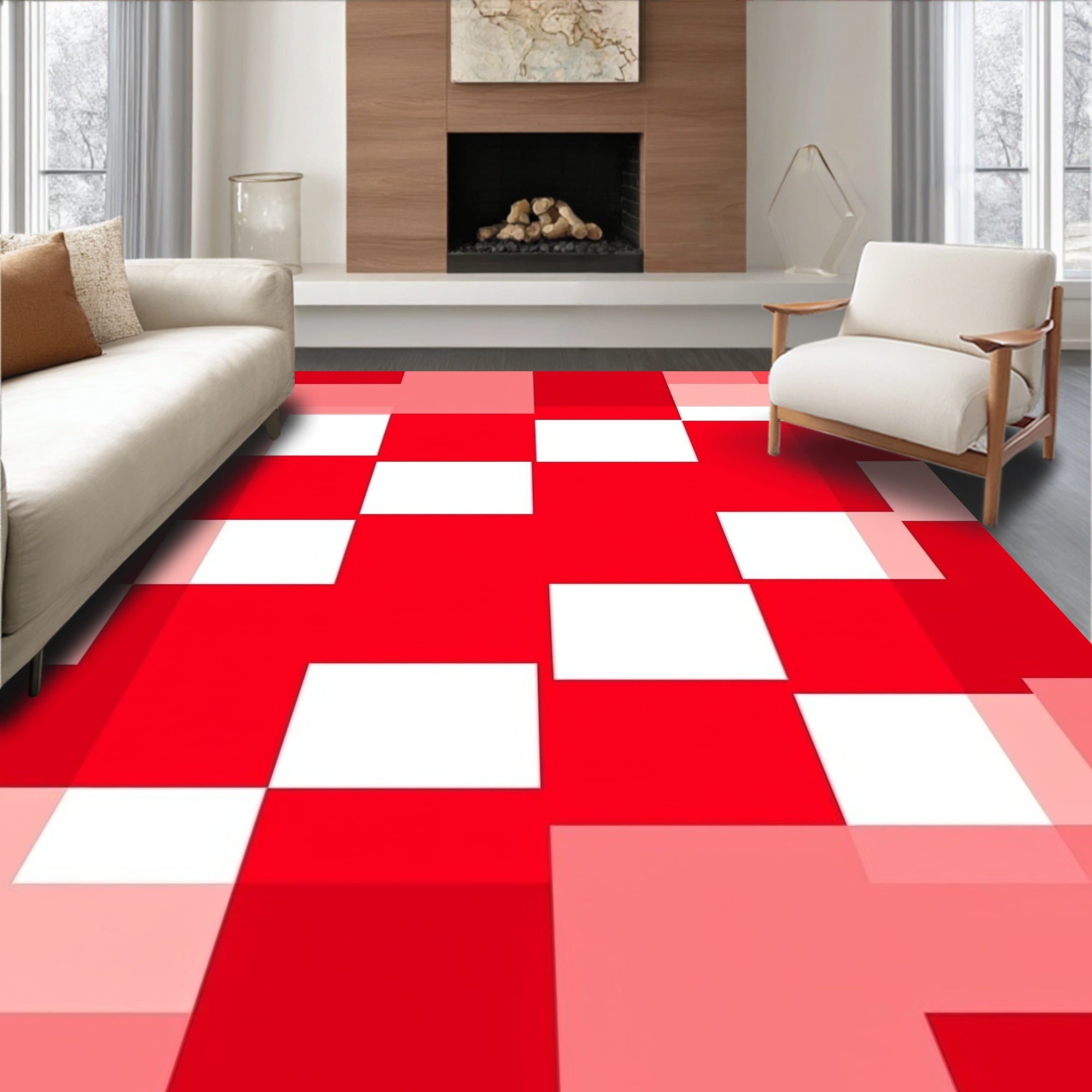 Red White Abstract Geometric Tile Rug