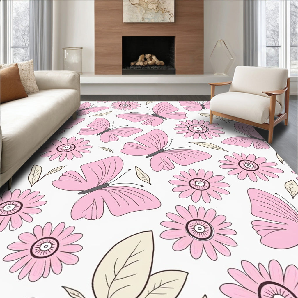 Pink Butterfly Daisy Pattern Rug