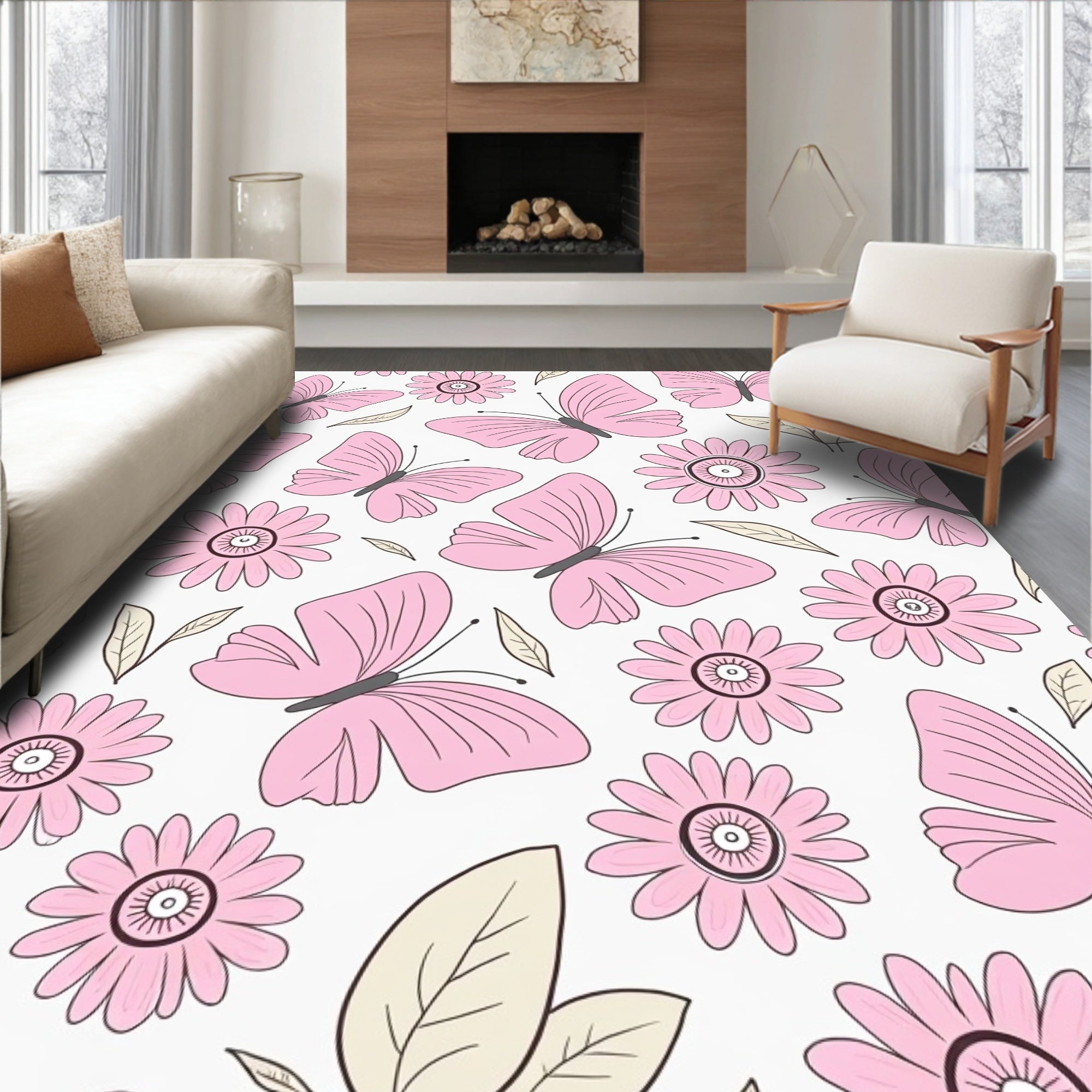 Pink Butterfly Daisy Pattern Rug
