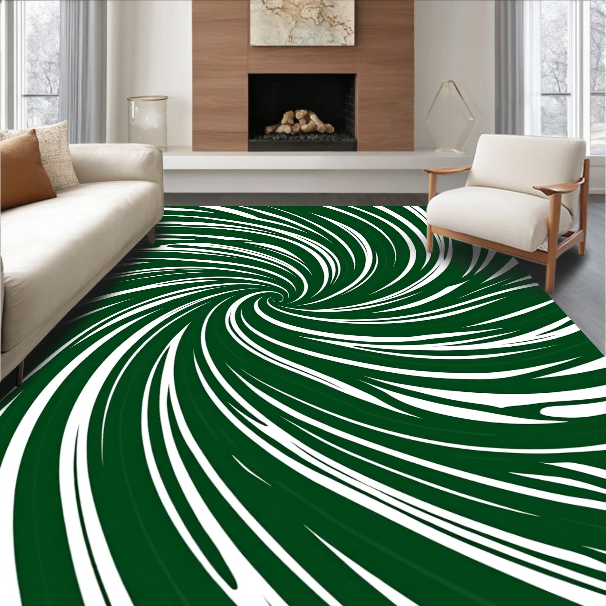 Deep Green Swirl Pattern Textile Rug
