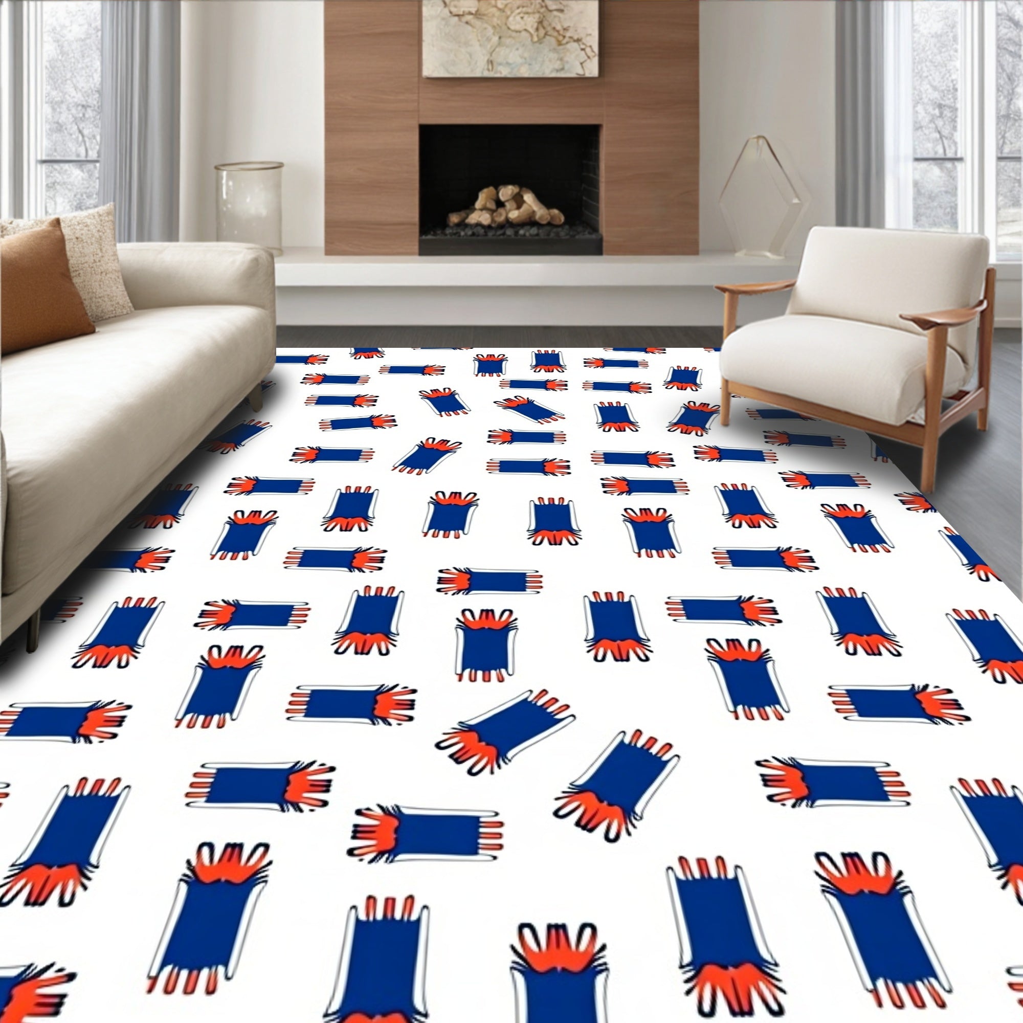 Abstract Blue Orange Fringe Pattern Rug