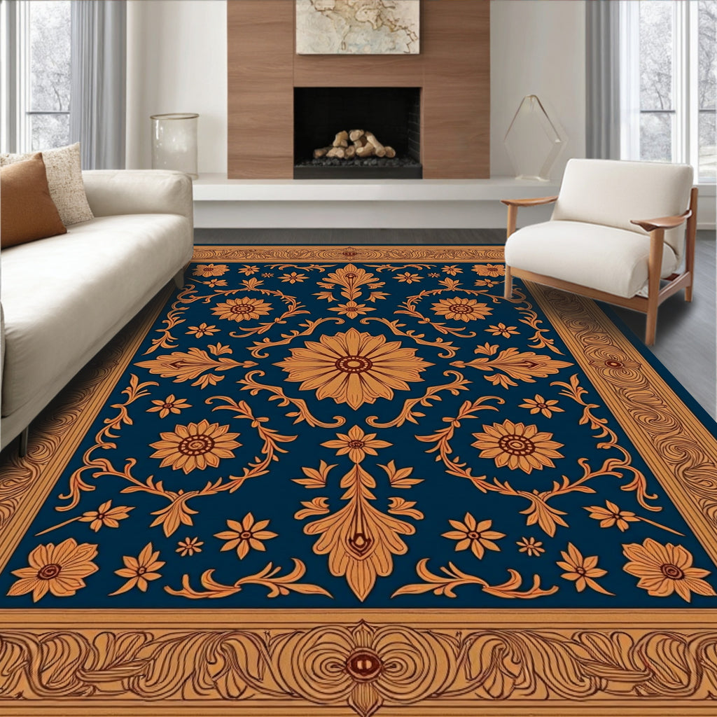 Intricate Golden Floral Border Rug