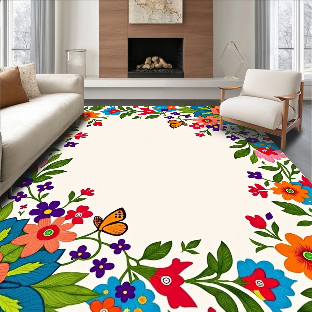 Vibrant Floral Butterfly Pattern Rug