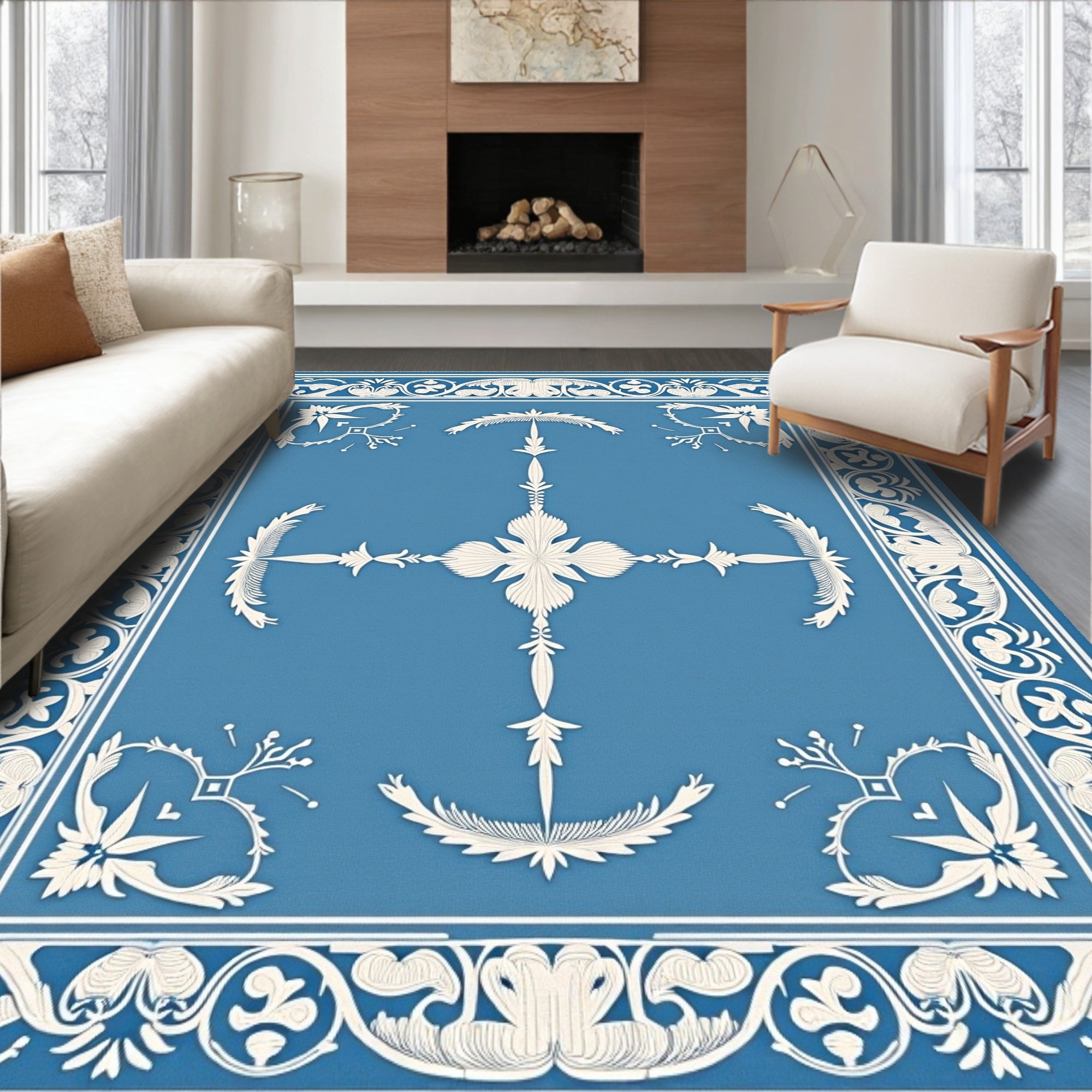 Elegant Blue White Acanthus Border Rug