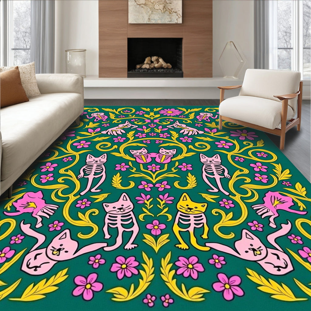 Whimsical Floral Skeleton Cats Design Rug