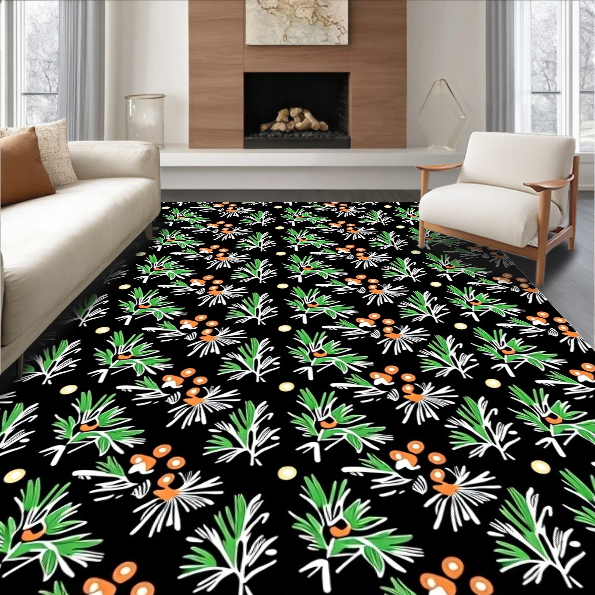 Black Green Orange Botanical Sprig Medley Rug