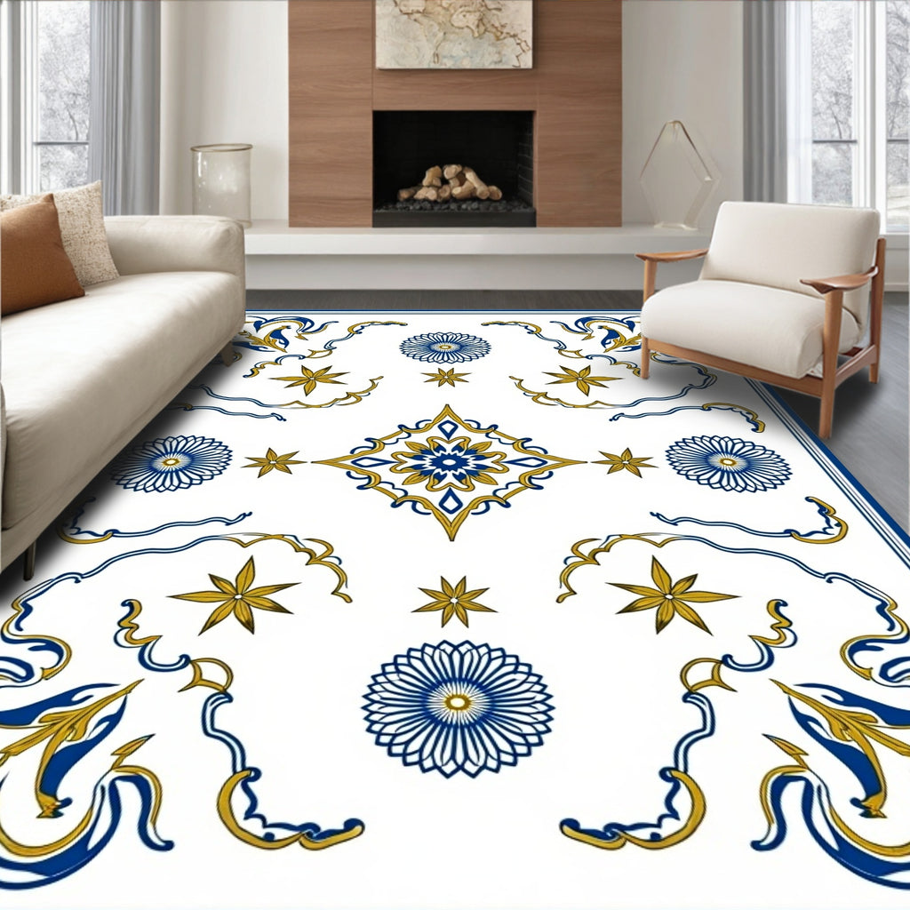 Ornate Blue Gold Floral Pattern Rug
