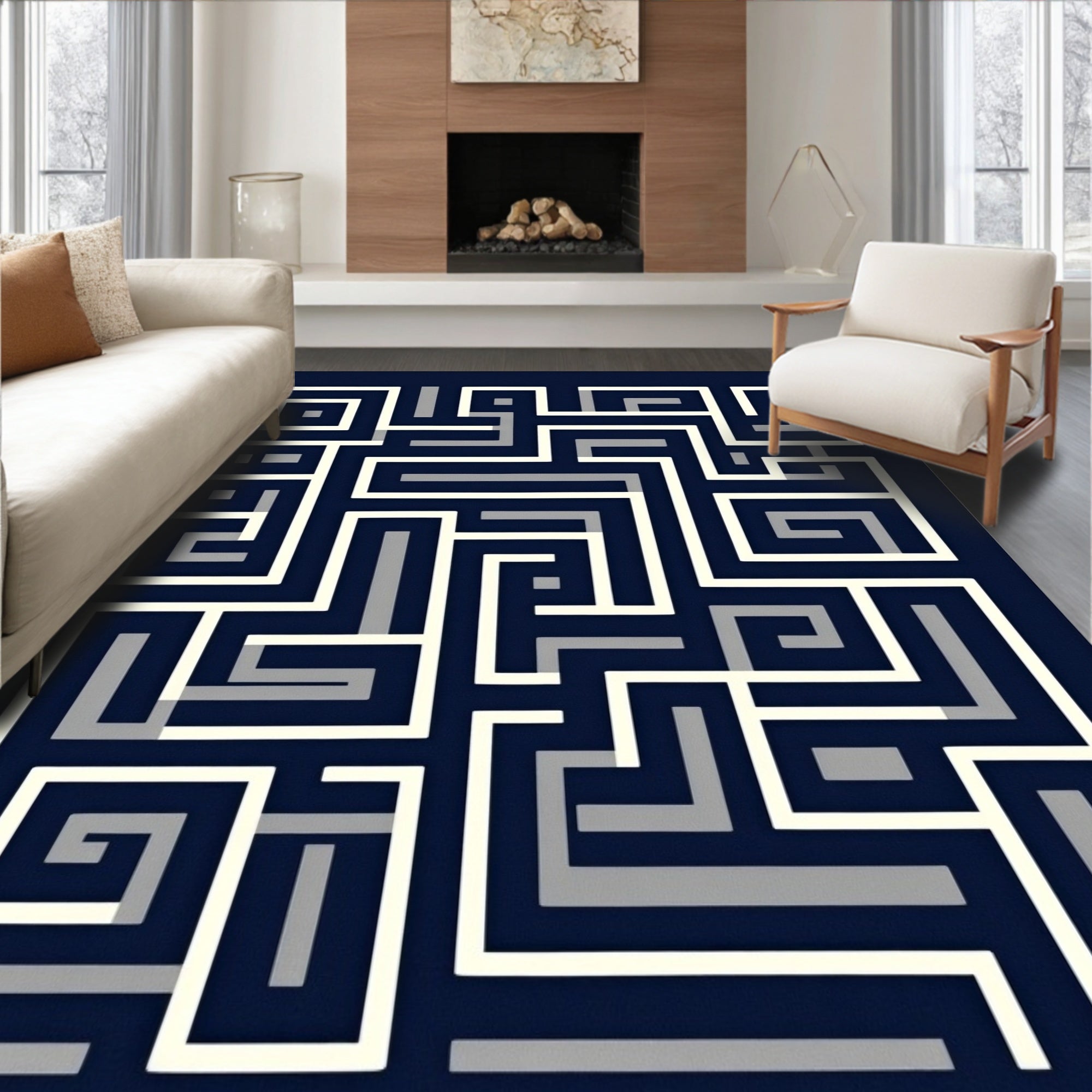 Modern Maze Patterned Geometric Design Rug