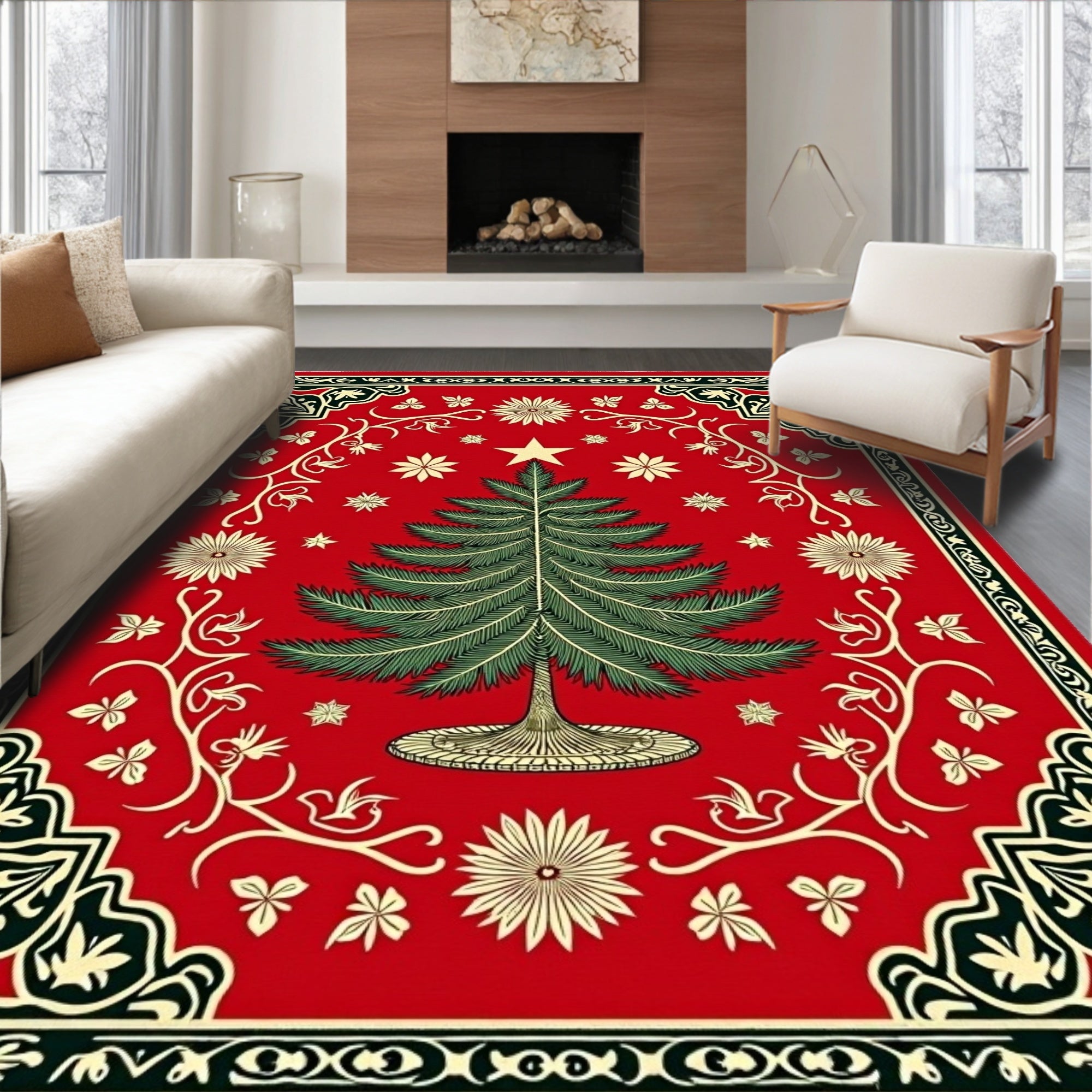 Festive Christmas Tree Floral Border Rug