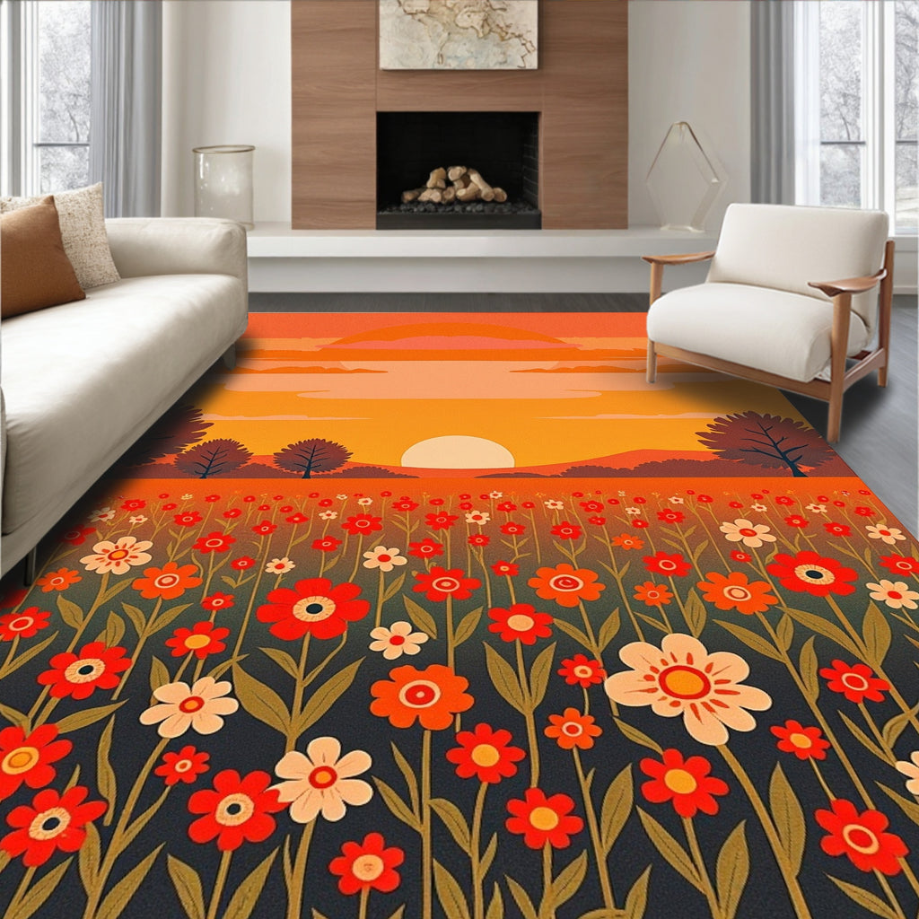 Retro Floral Sunset Meadow Rug