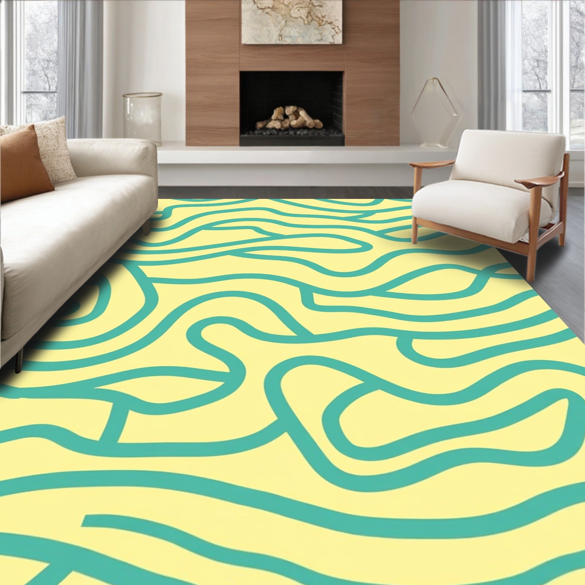 Aqua Lines On Yellow Background Rug