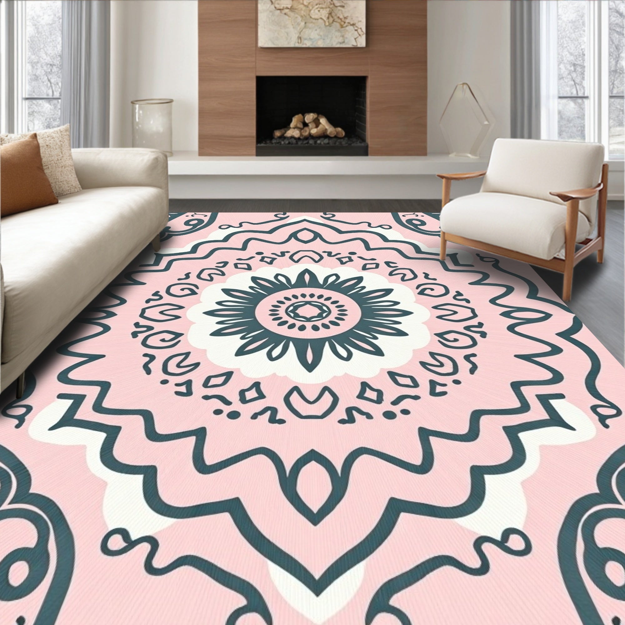 Soft Pink Teal Floral Mandala Design Rug