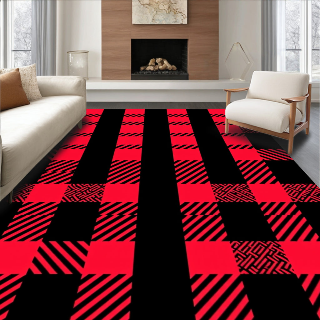 Bold Red Black Checked Geometric Rug