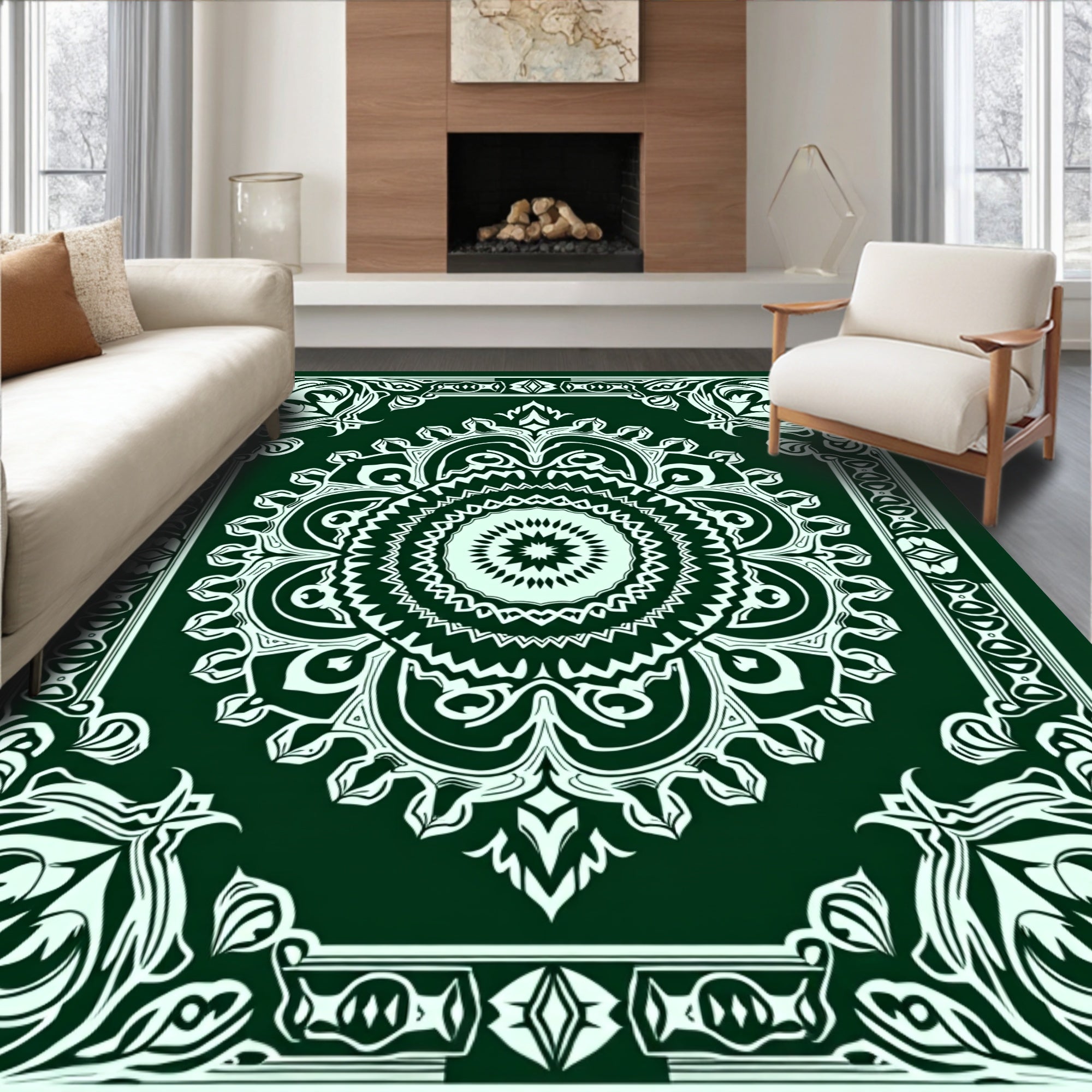 Intricate Emerald Floral Mandala Design Rug