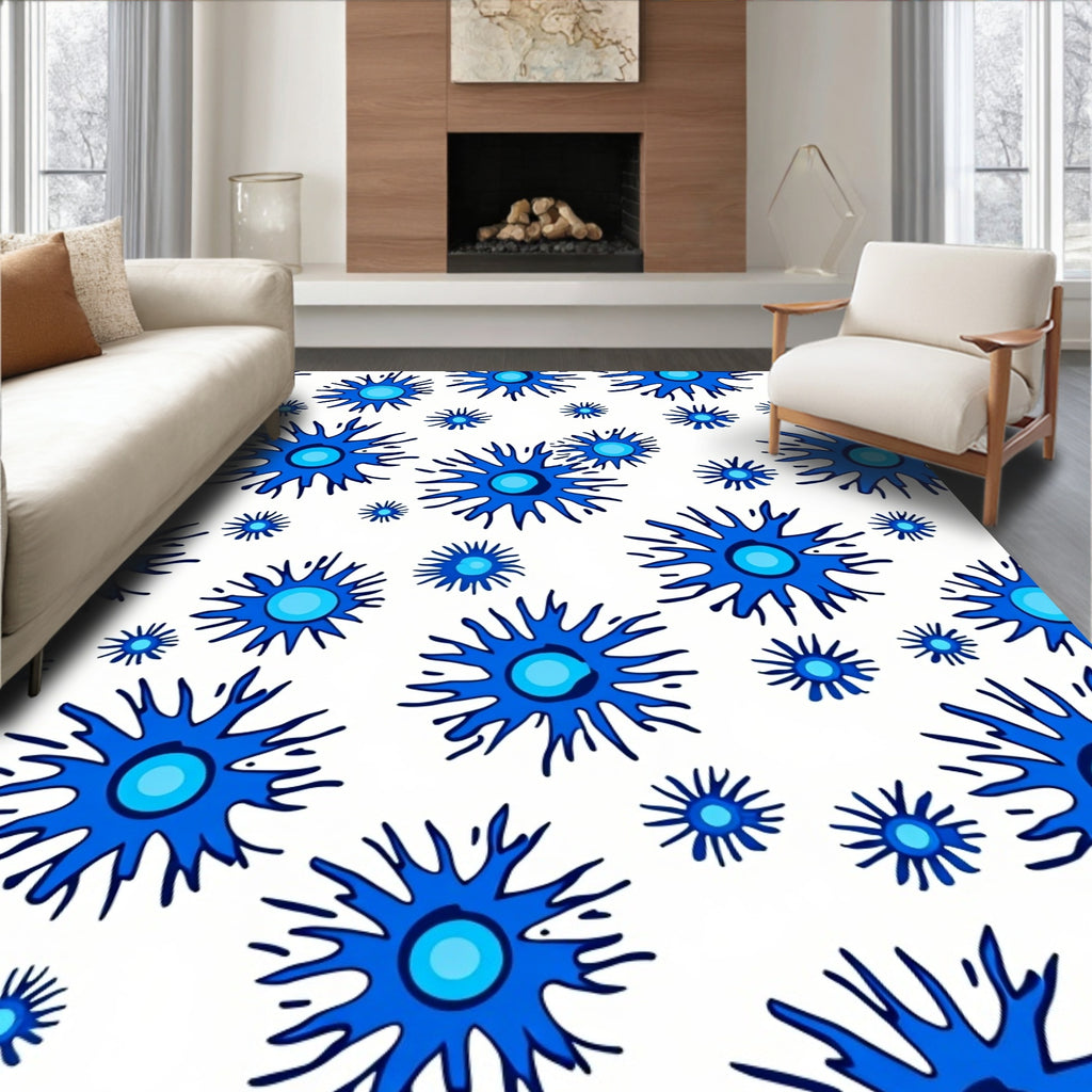 Blue Starburst Pattern on White Rug