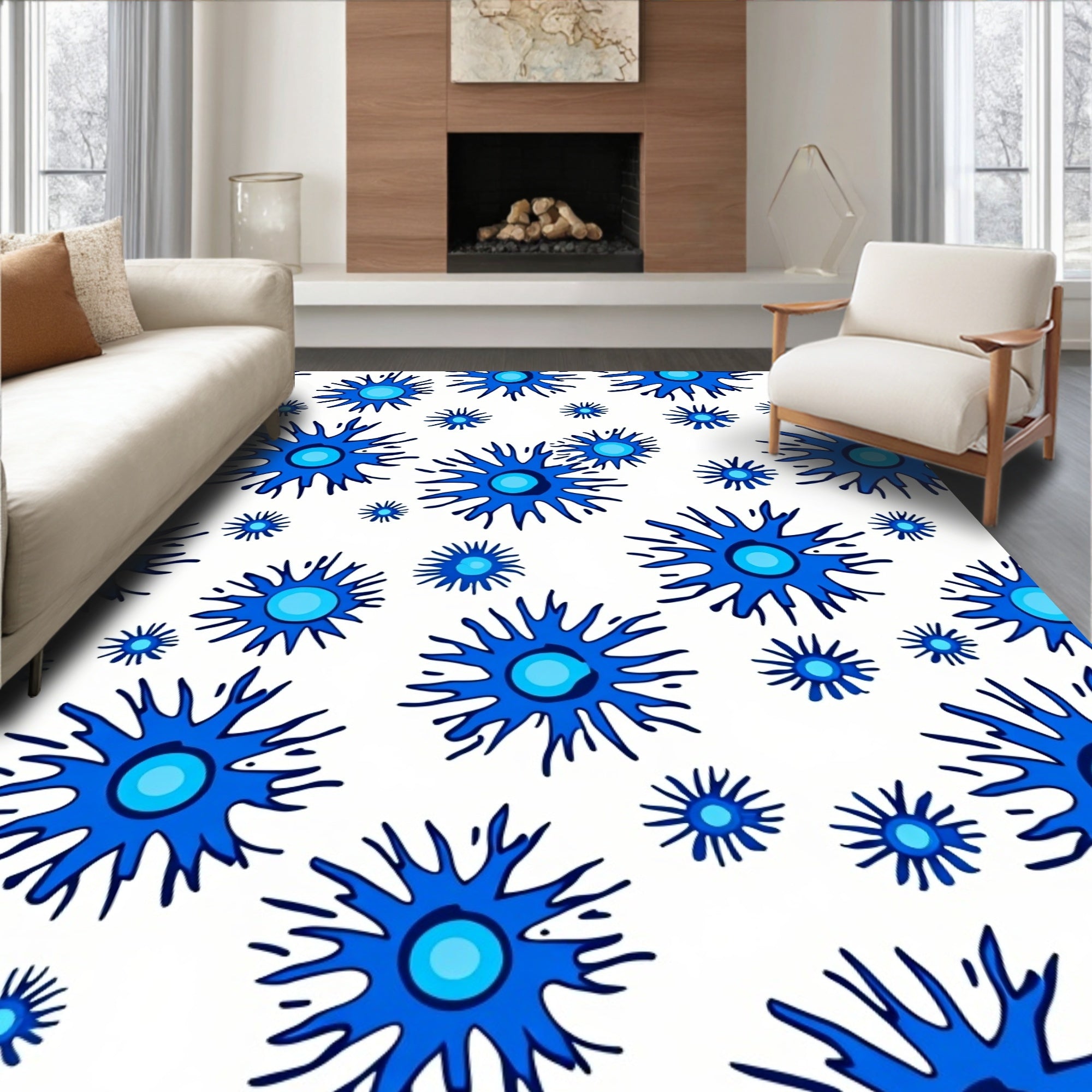 Blue Starburst Pattern on White Rug