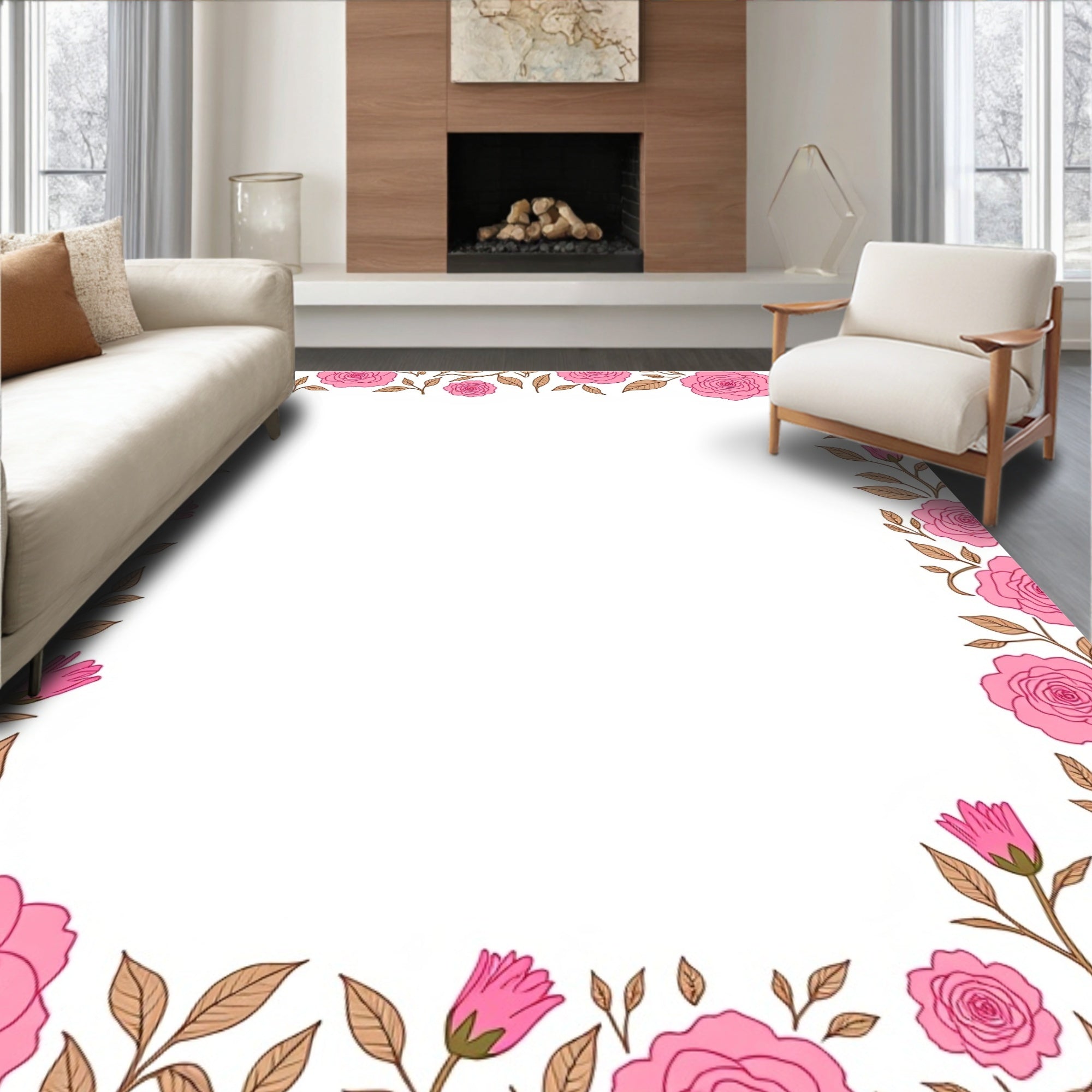 Pink Rose Floral Border Design Rug