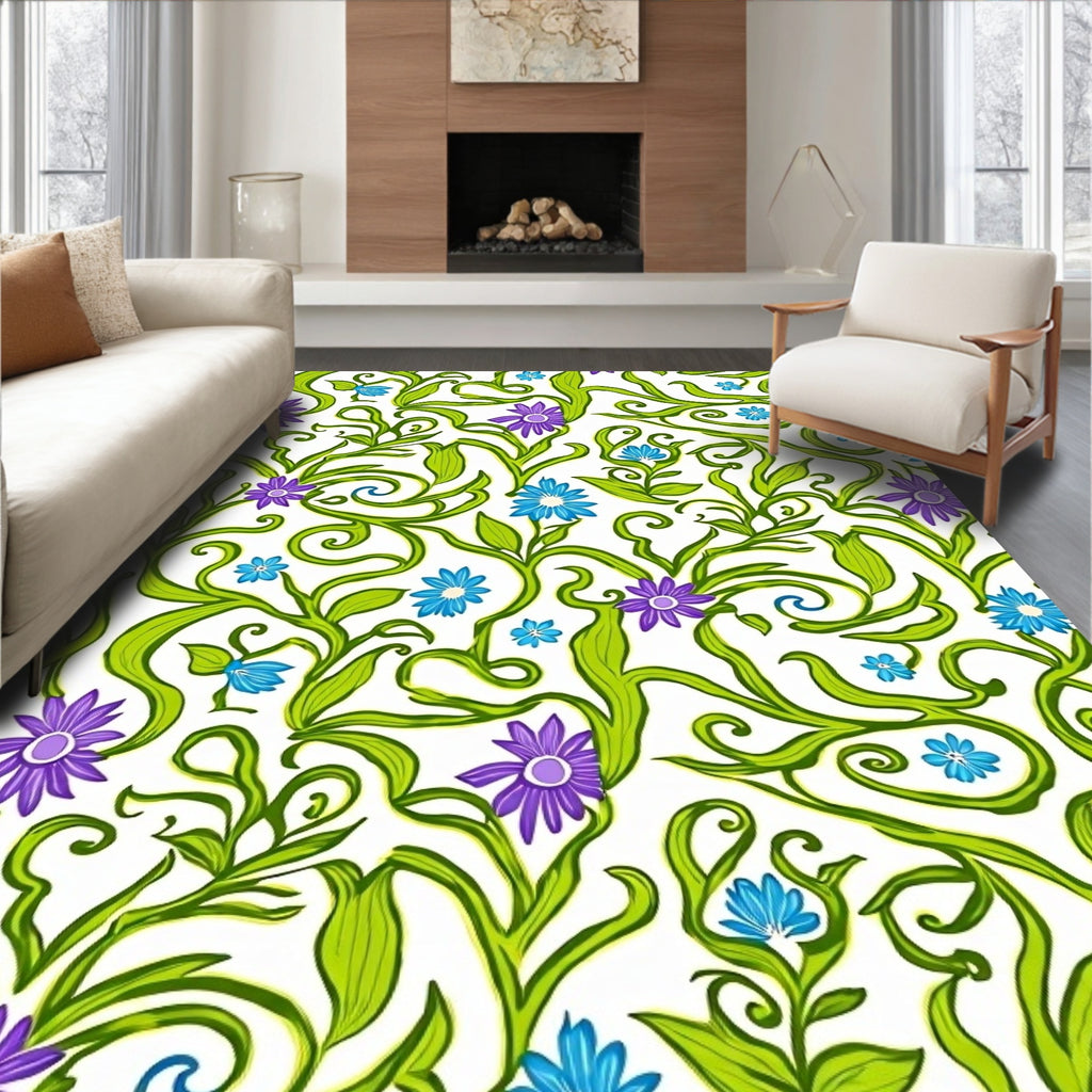 Spring Green Purple Blue Floral Swirls Rug