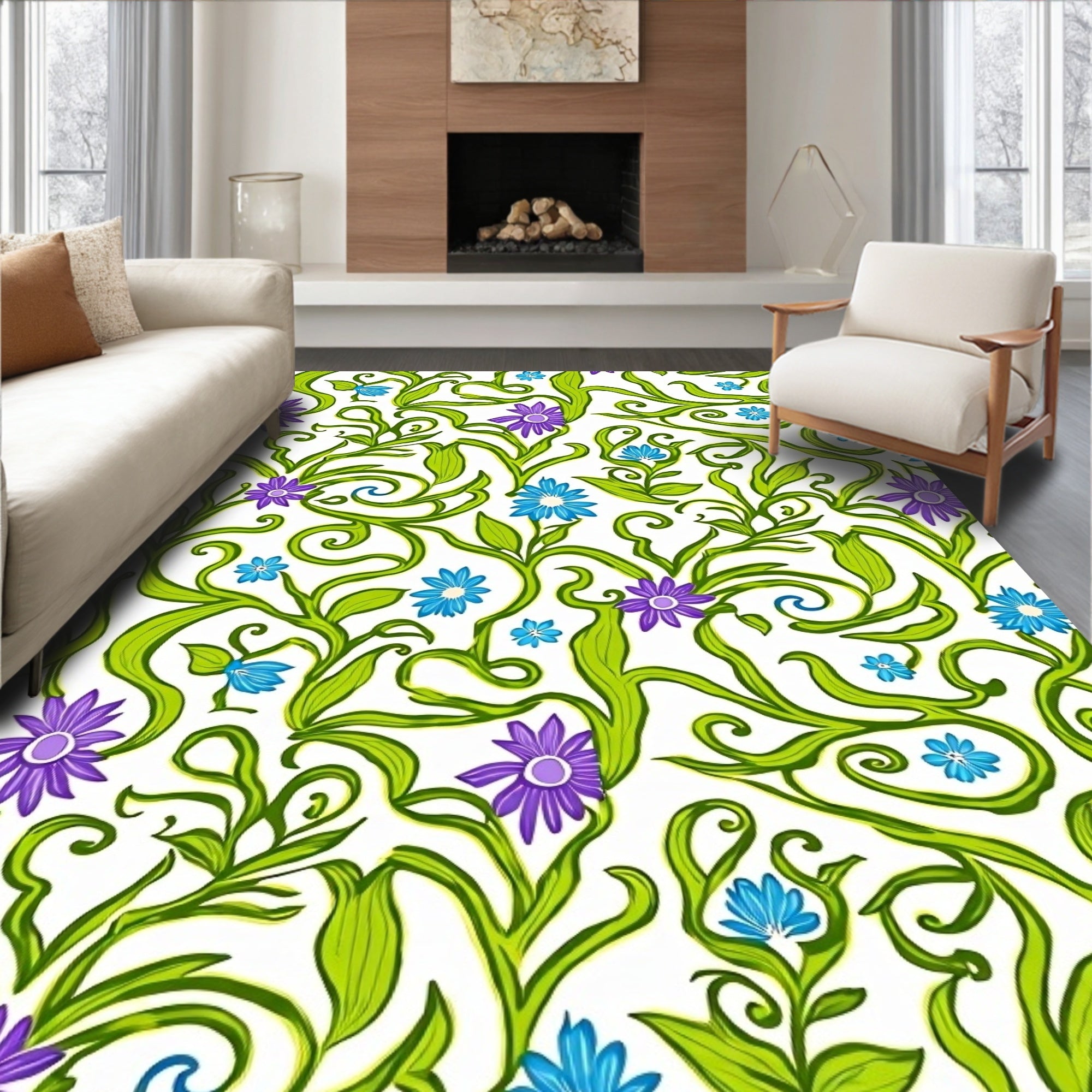 Spring Green Purple Blue Floral Swirls Rug