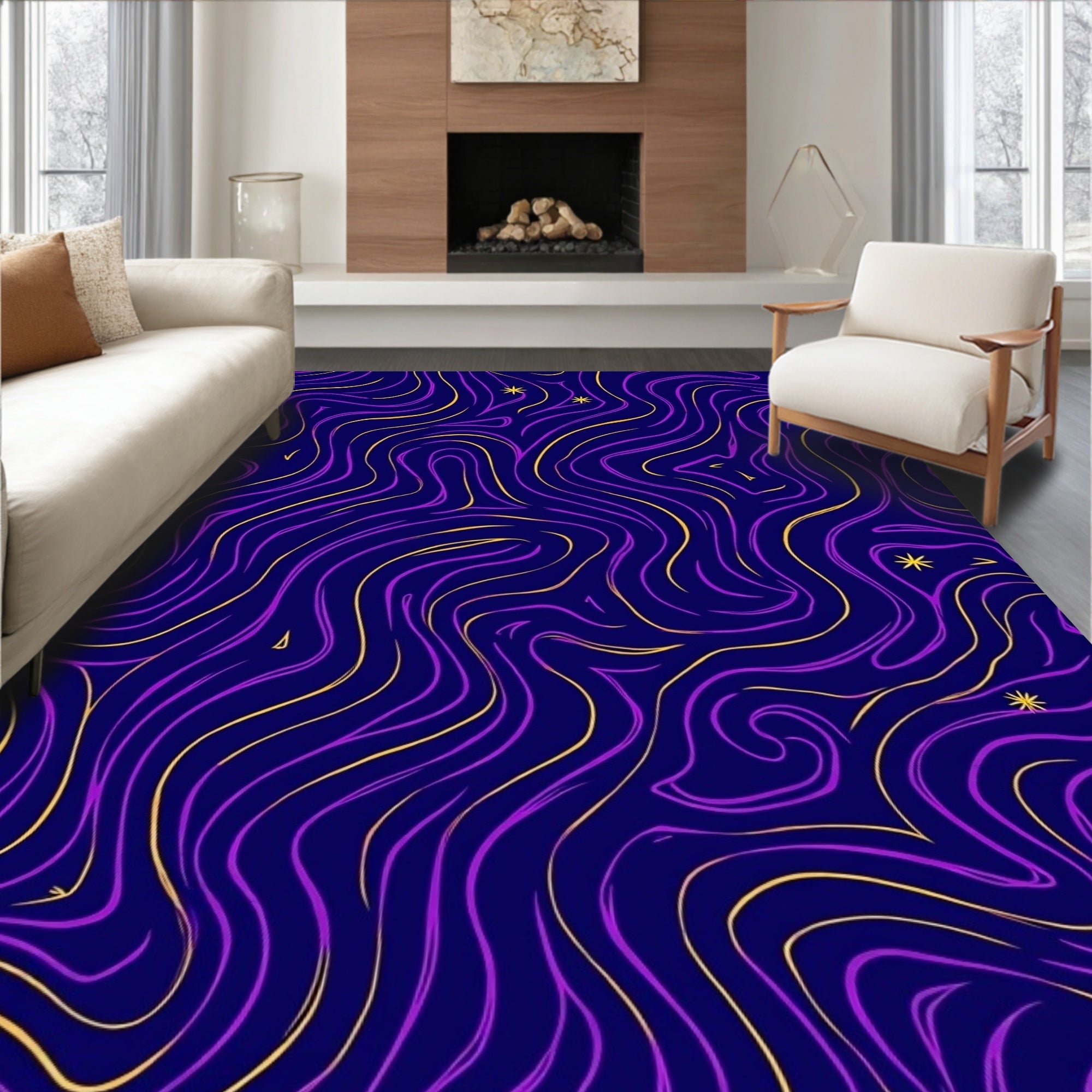 Swirling Cosmic Purple Gold Design Rug
