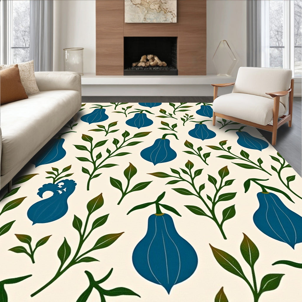 Blue Pear Delicate Leaf Pattern Rug