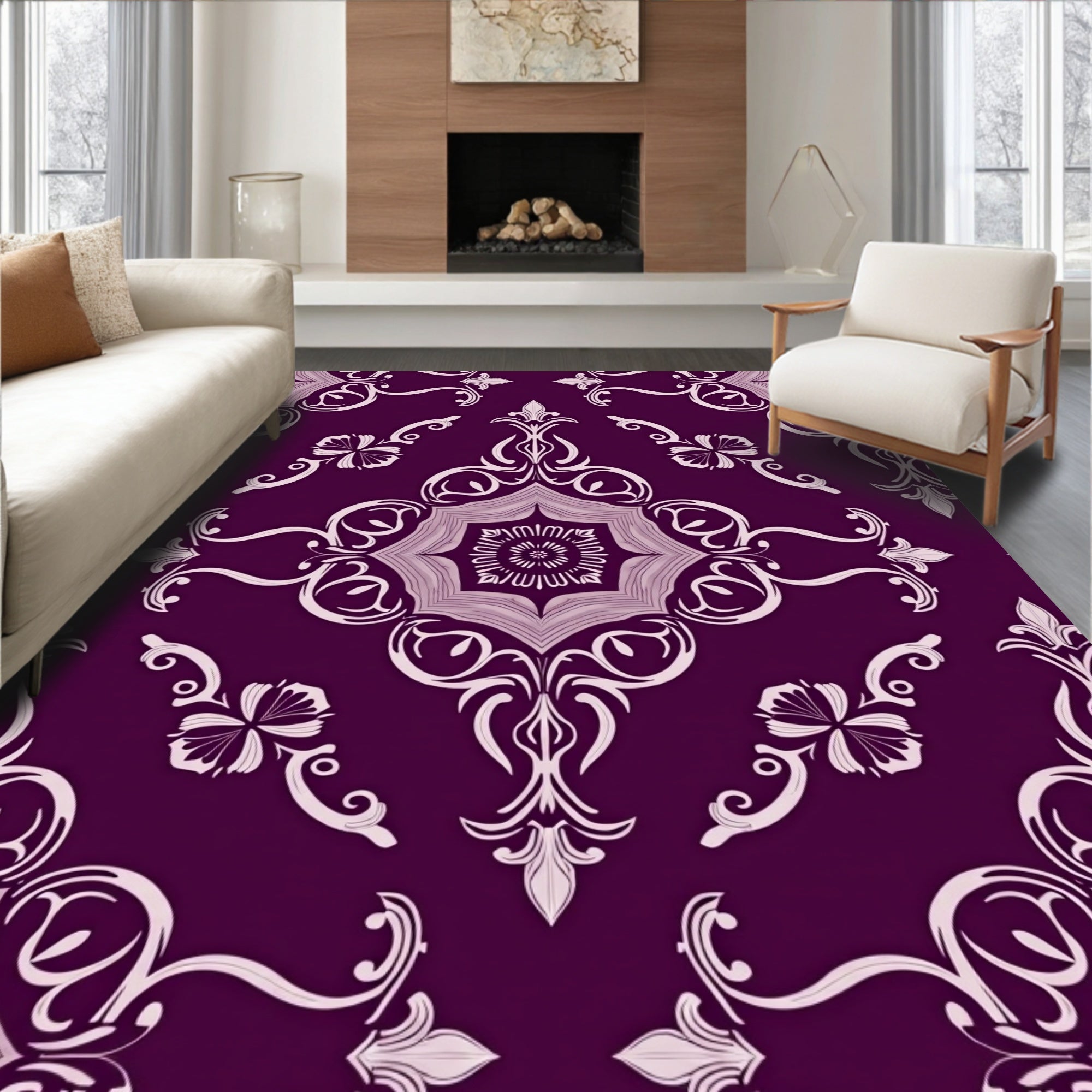 Rich Plum Floral Medallion Pattern Rug