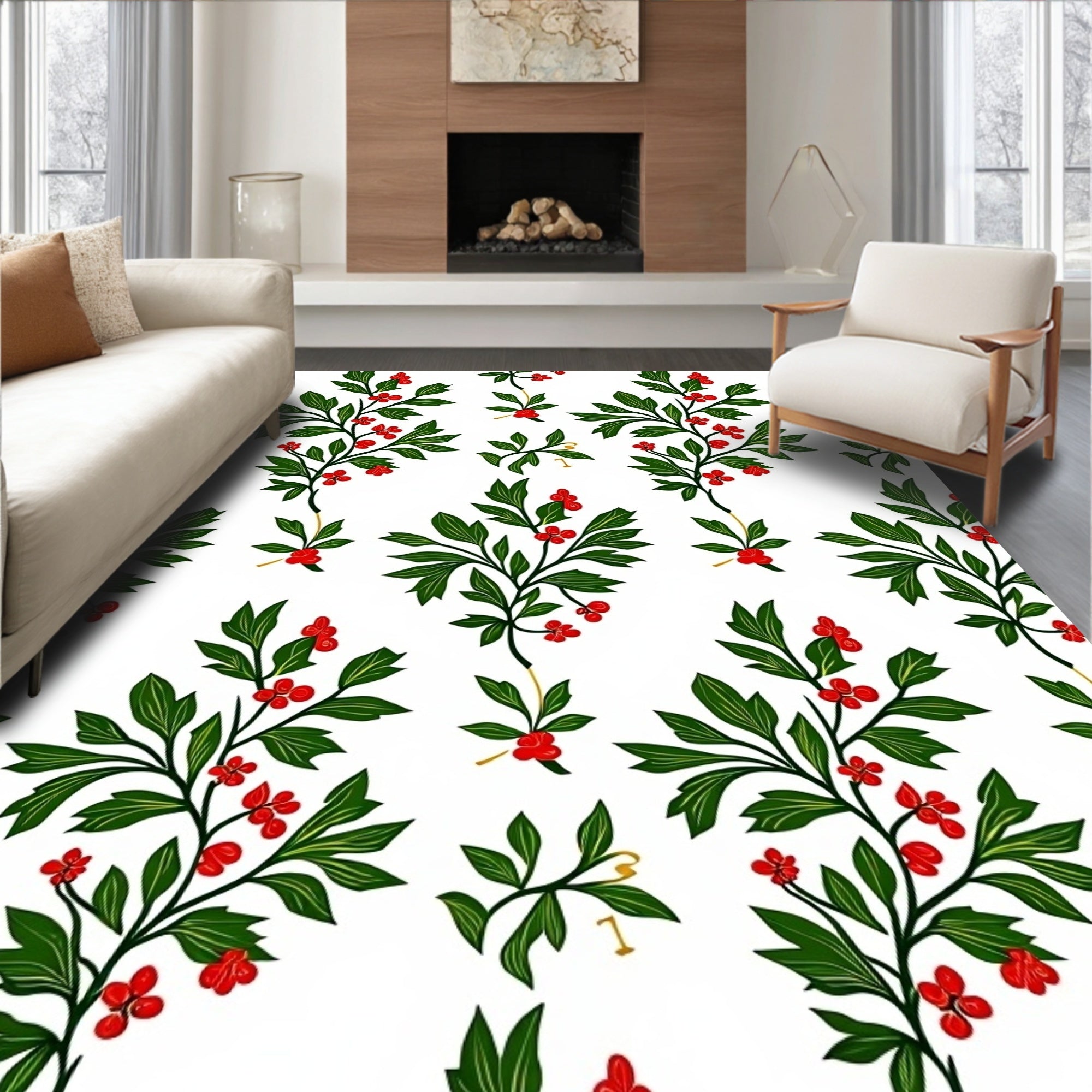 Classic Green Berry Branch Pattern Rug