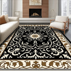 Black Floral Scrollwork Leaf Pattern Rug