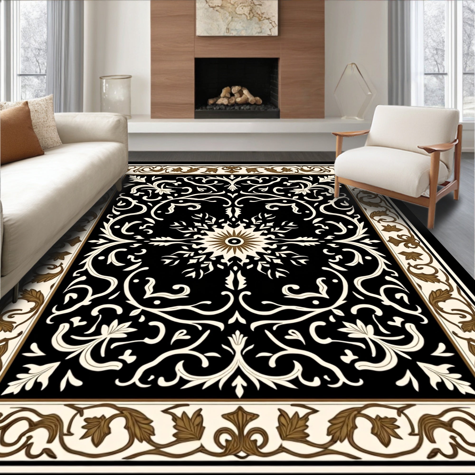Black Floral Scrollwork Leaf Pattern Rug