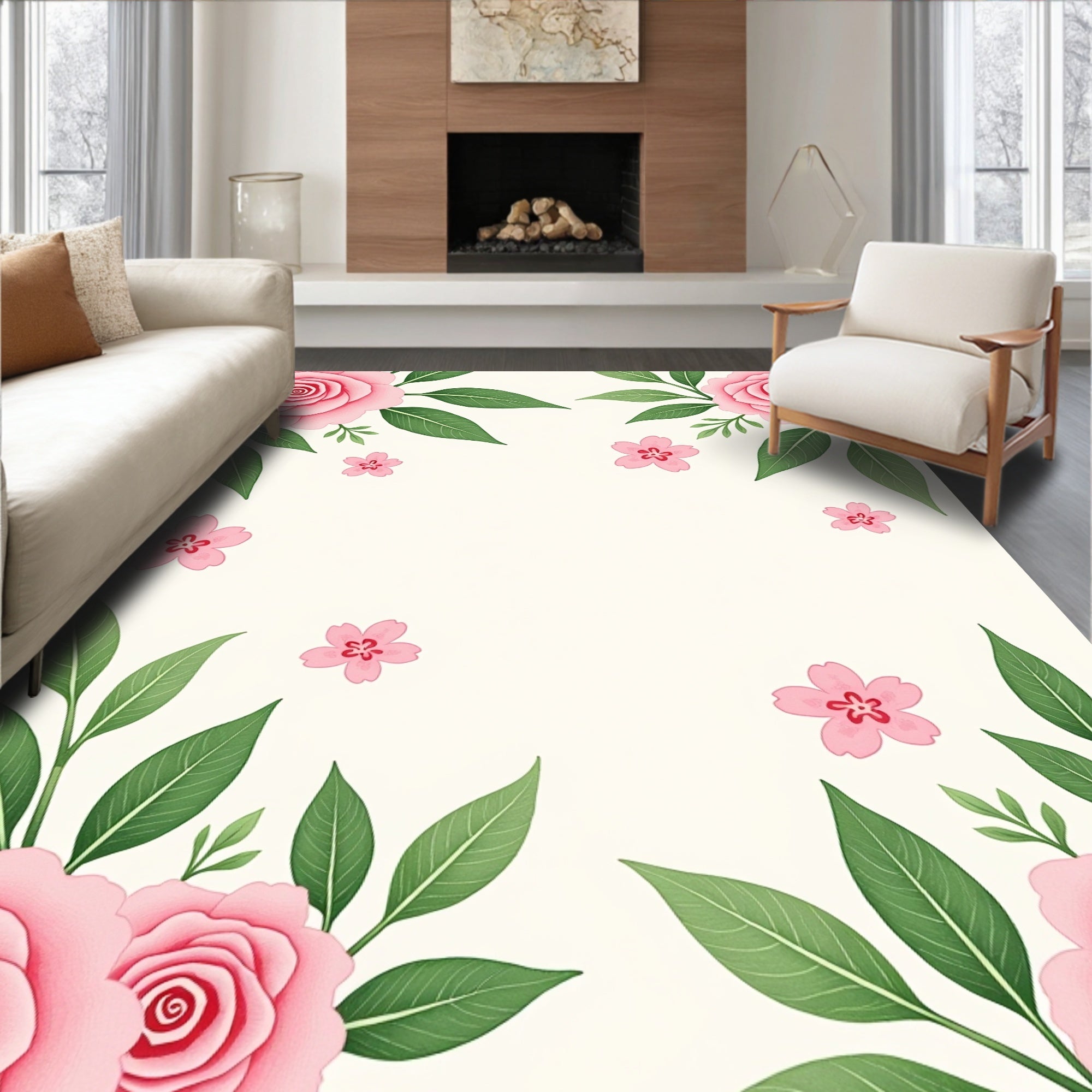 Pink Roses and Cherry Blossoms Floral Rug