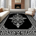 Elegant Black White Filigree Scroll Pattern Rug