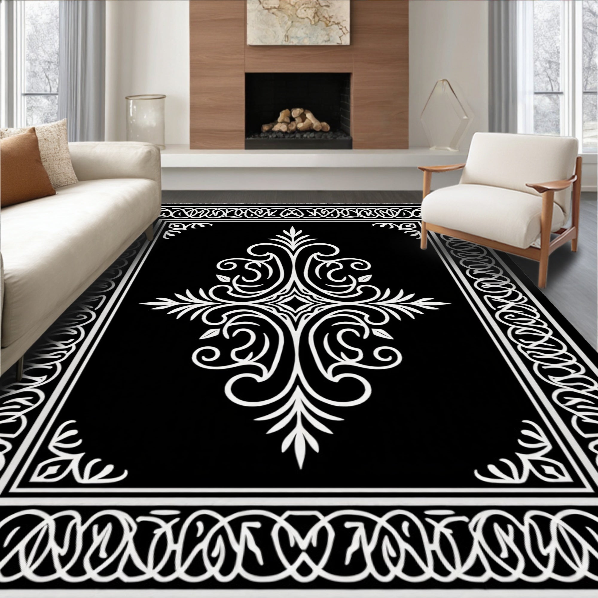 Elegant Black White Filigree Scroll Pattern Rug