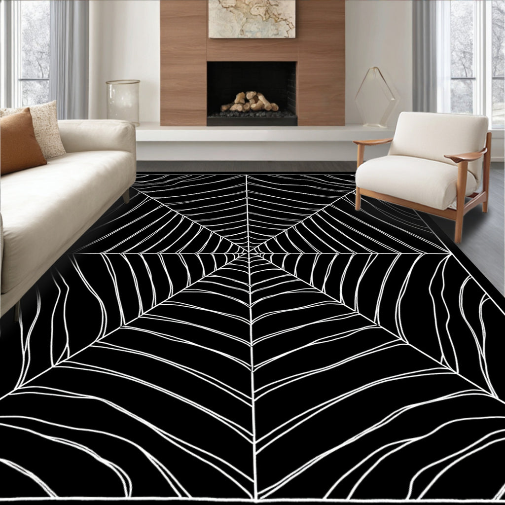 Striking Black White Cobweb Design Rug