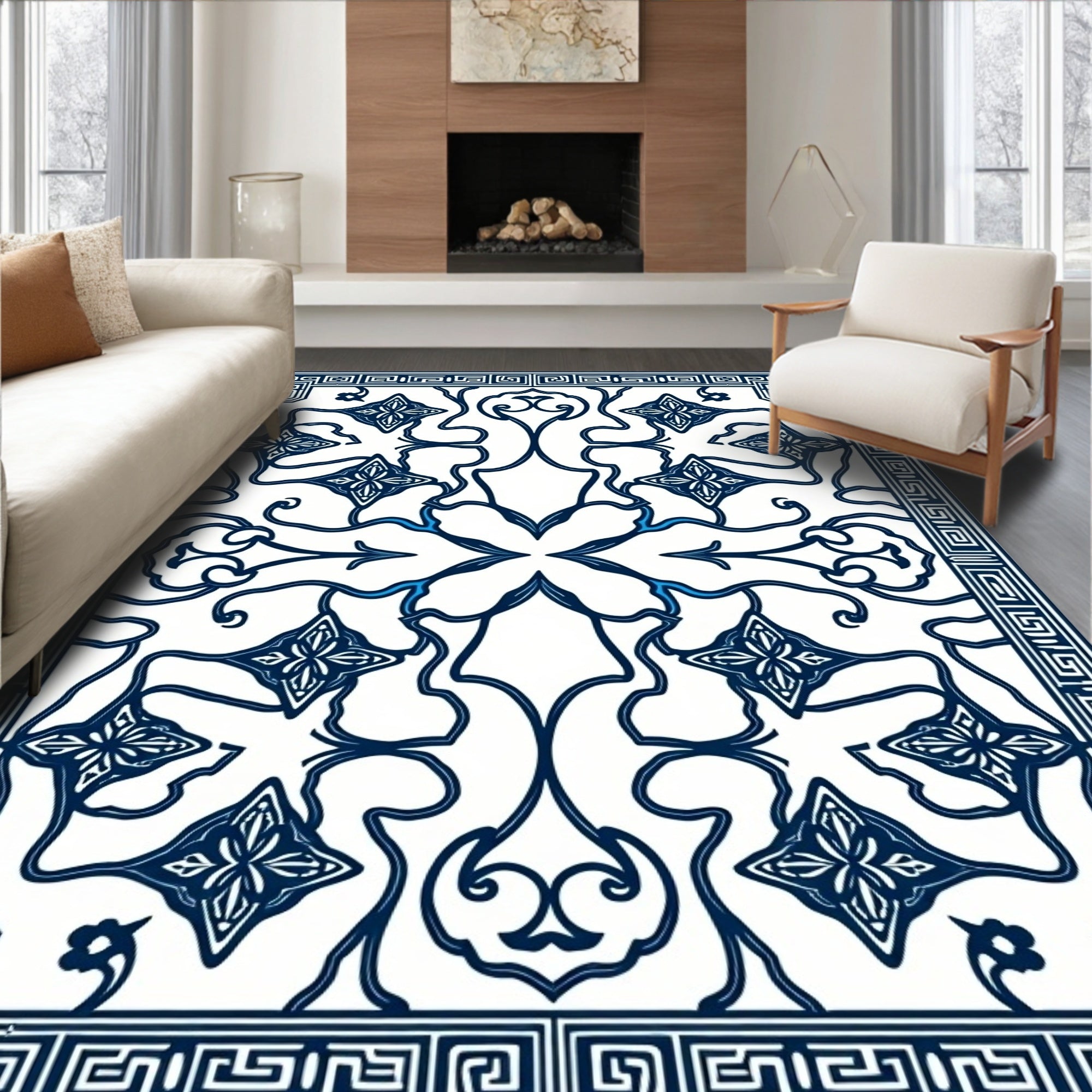 Symmetrical Blue White Floral Arrangement Rug