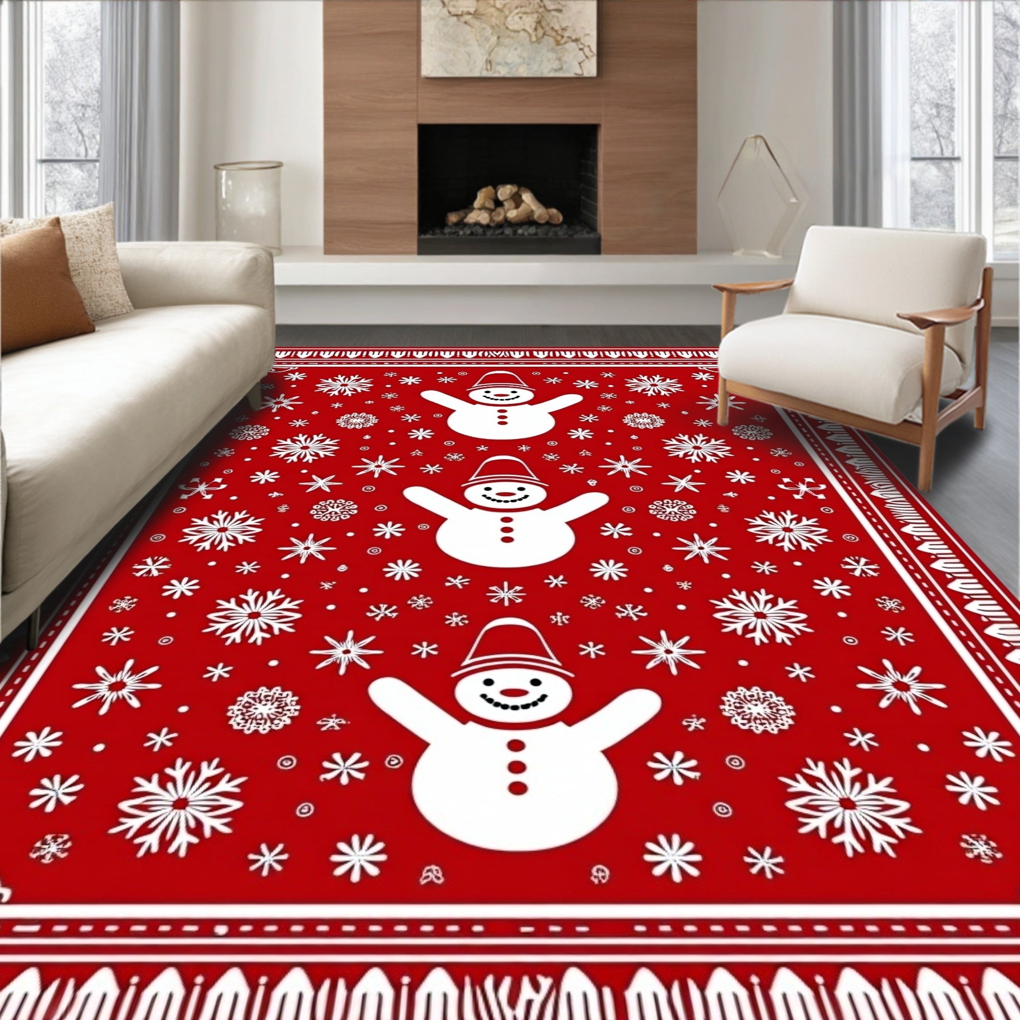 Red Snowman Snowflake Pattern Rug