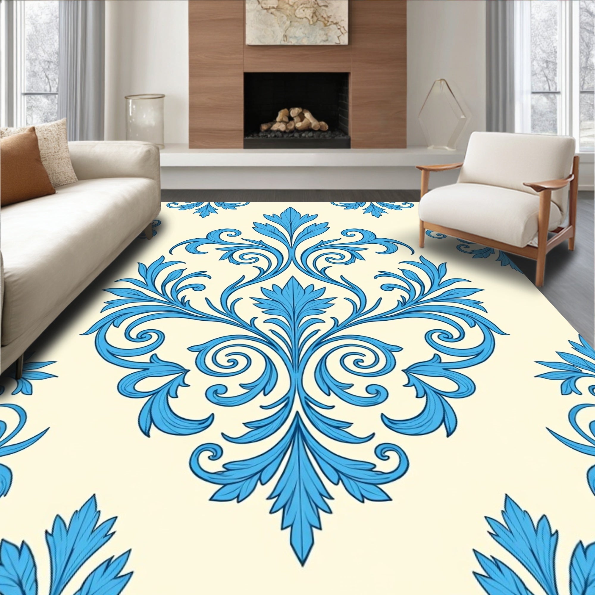 Blue Floral Damask Scroll Pattern Rug