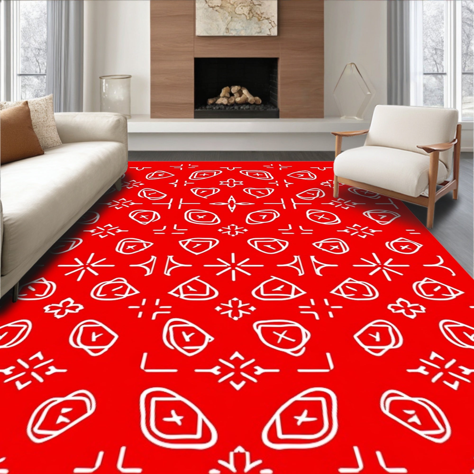 Abstract Red White Geometric Pattern Rug