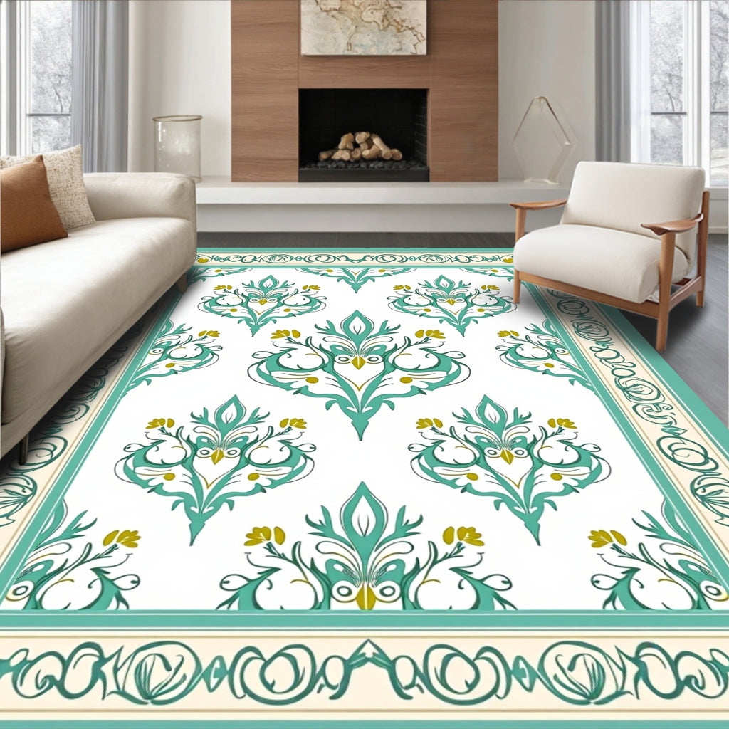 Elegant Teal Floral Scroll Border Rug