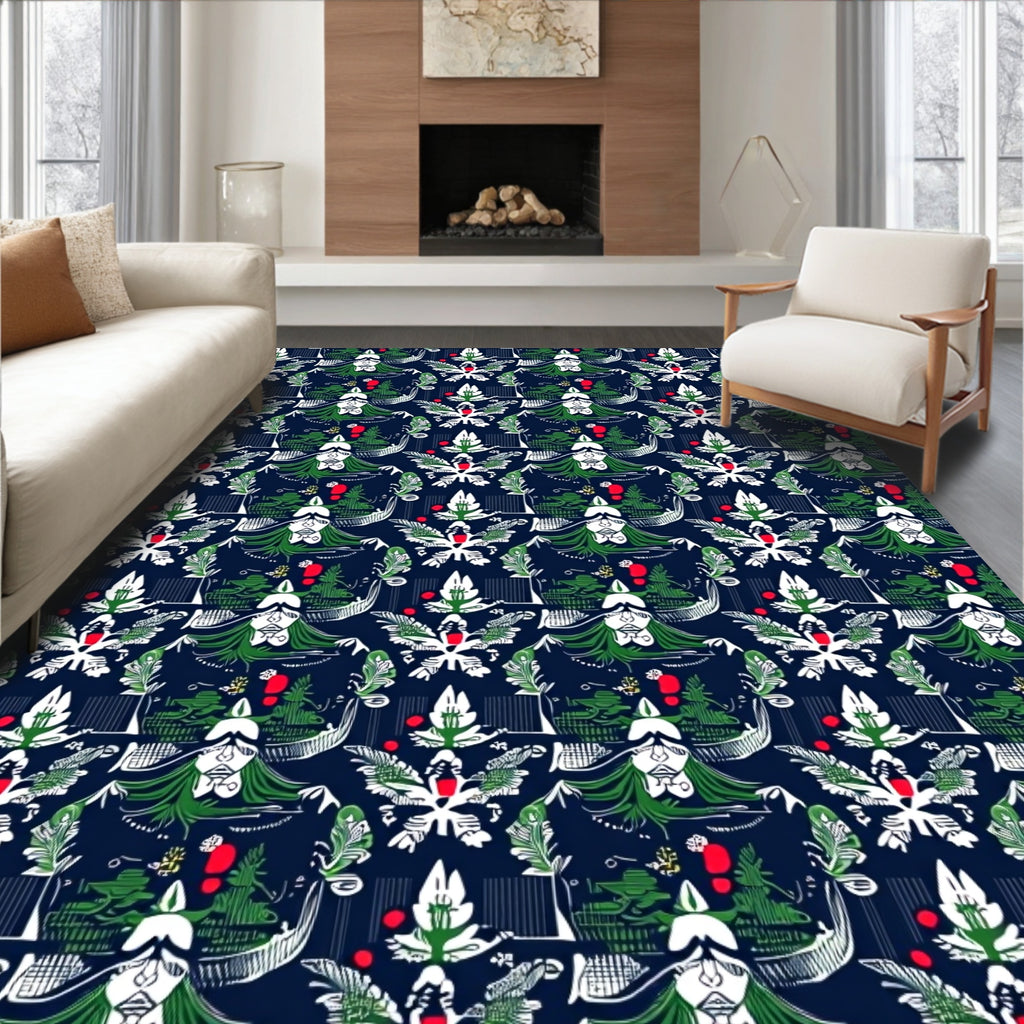 Dark Blue Floral Whimsical Pattern Rug