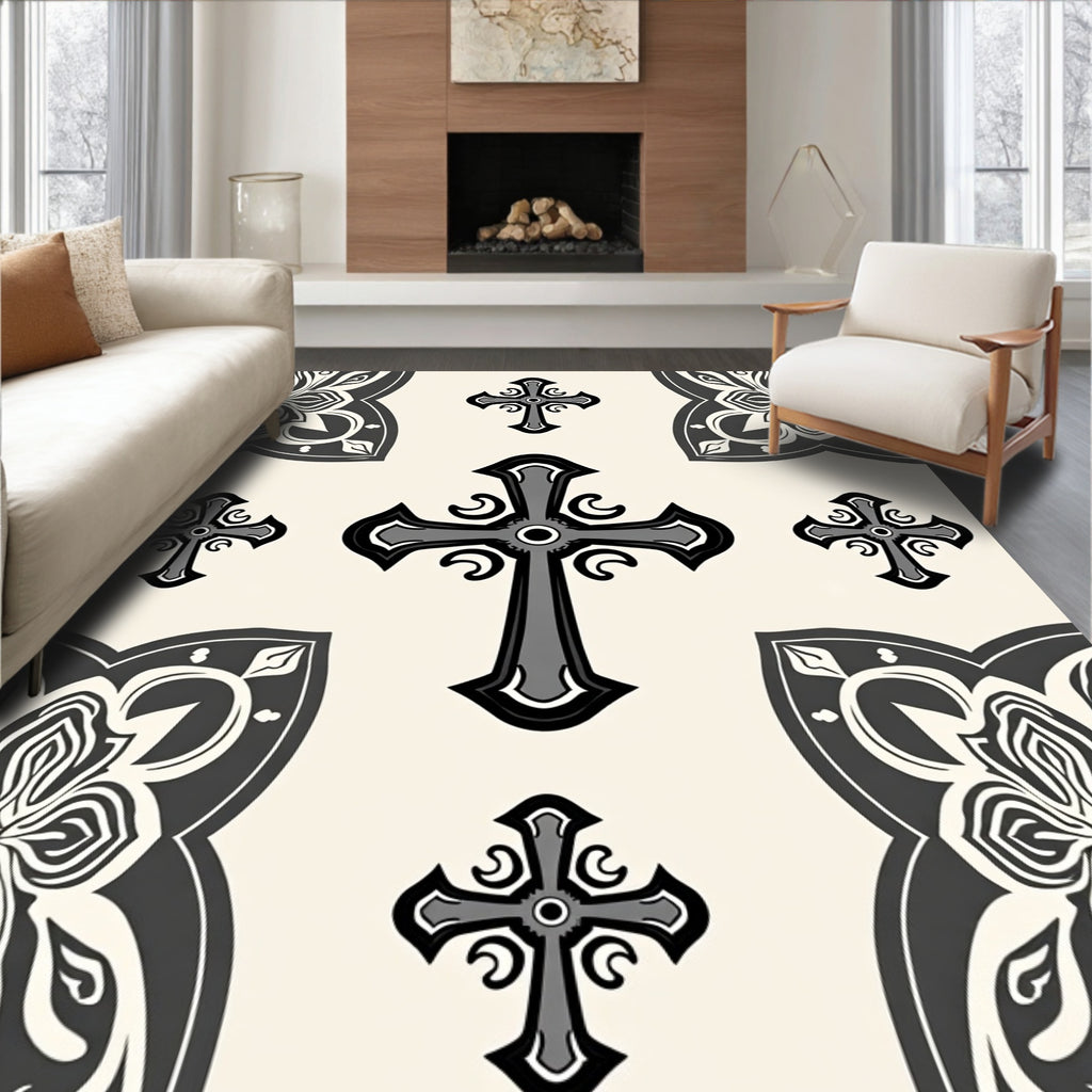 Ornate Cross Patterned Dark Grey Rug