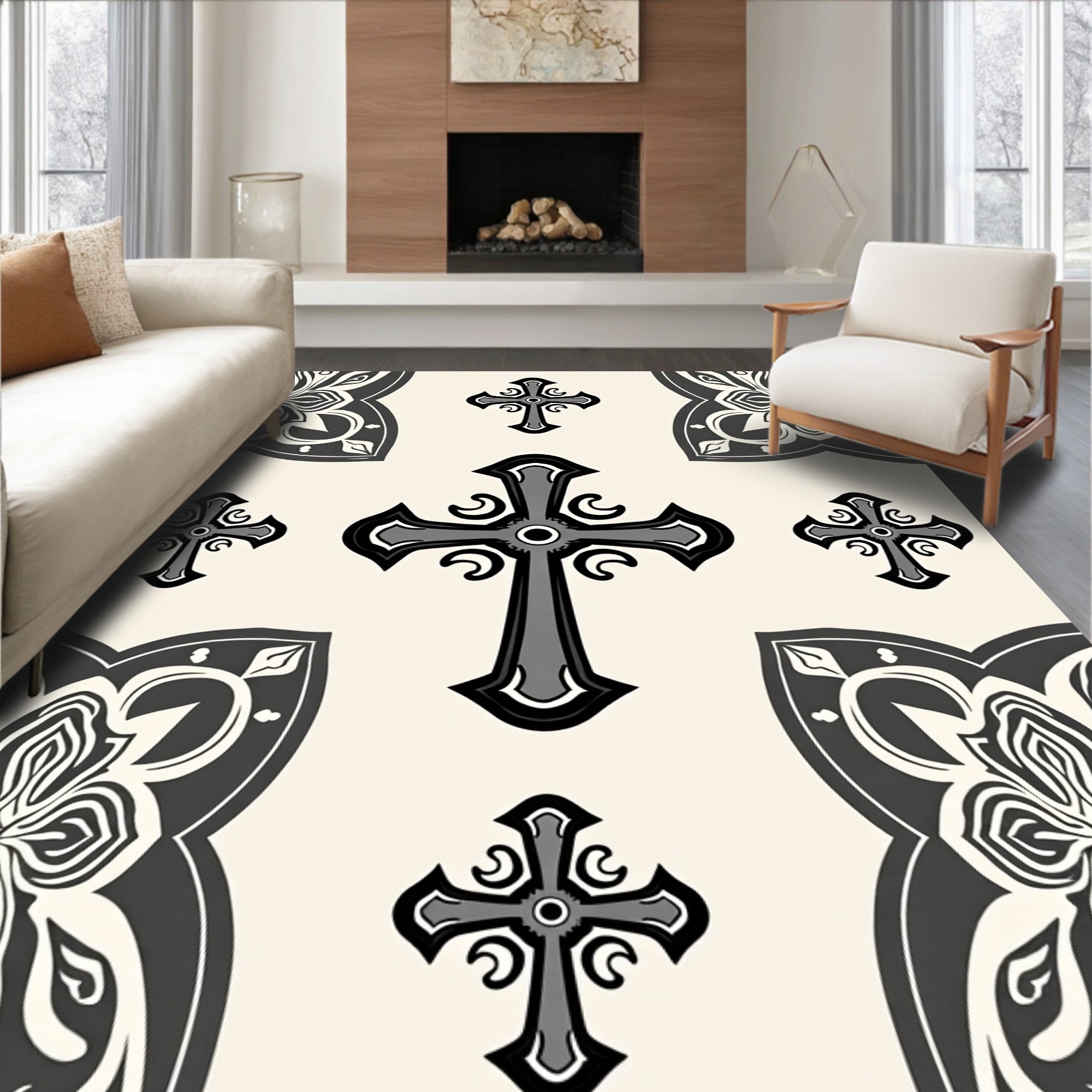 Ornate Cross Patterned Dark Grey Rug